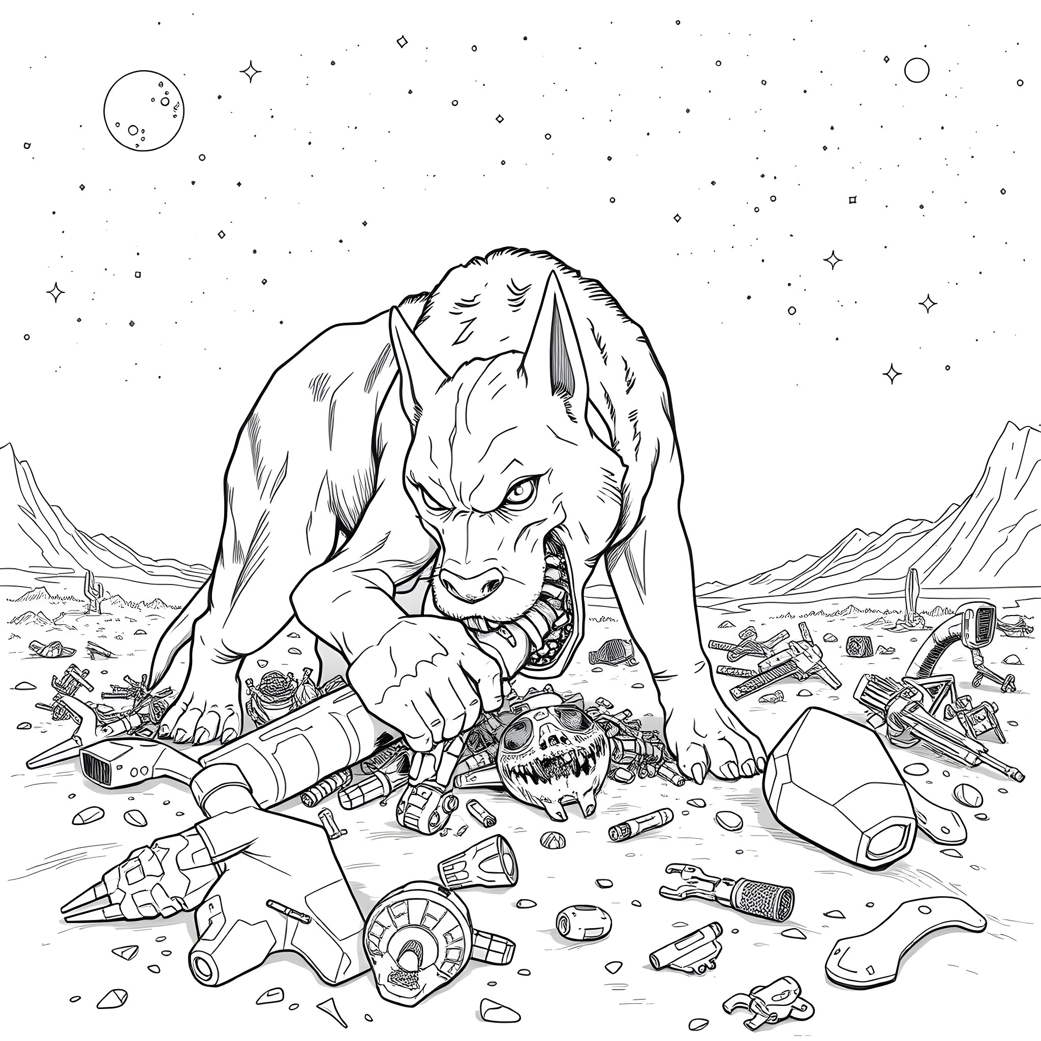 Dog menacing a post-apocalyptic landscape Coloring Page (free black-and-white line drawing printable PDF for all, from beginners to advanced learners, including children, teens, adults, and seniors)