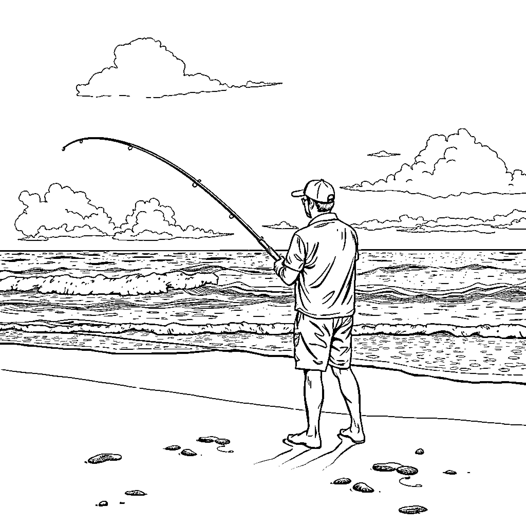 Fisherman casting a line on the beach Coloring Page (free black-and-white line drawing printable PDF for all, from beginners to advanced learners, including children, teens, adults, and seniors)