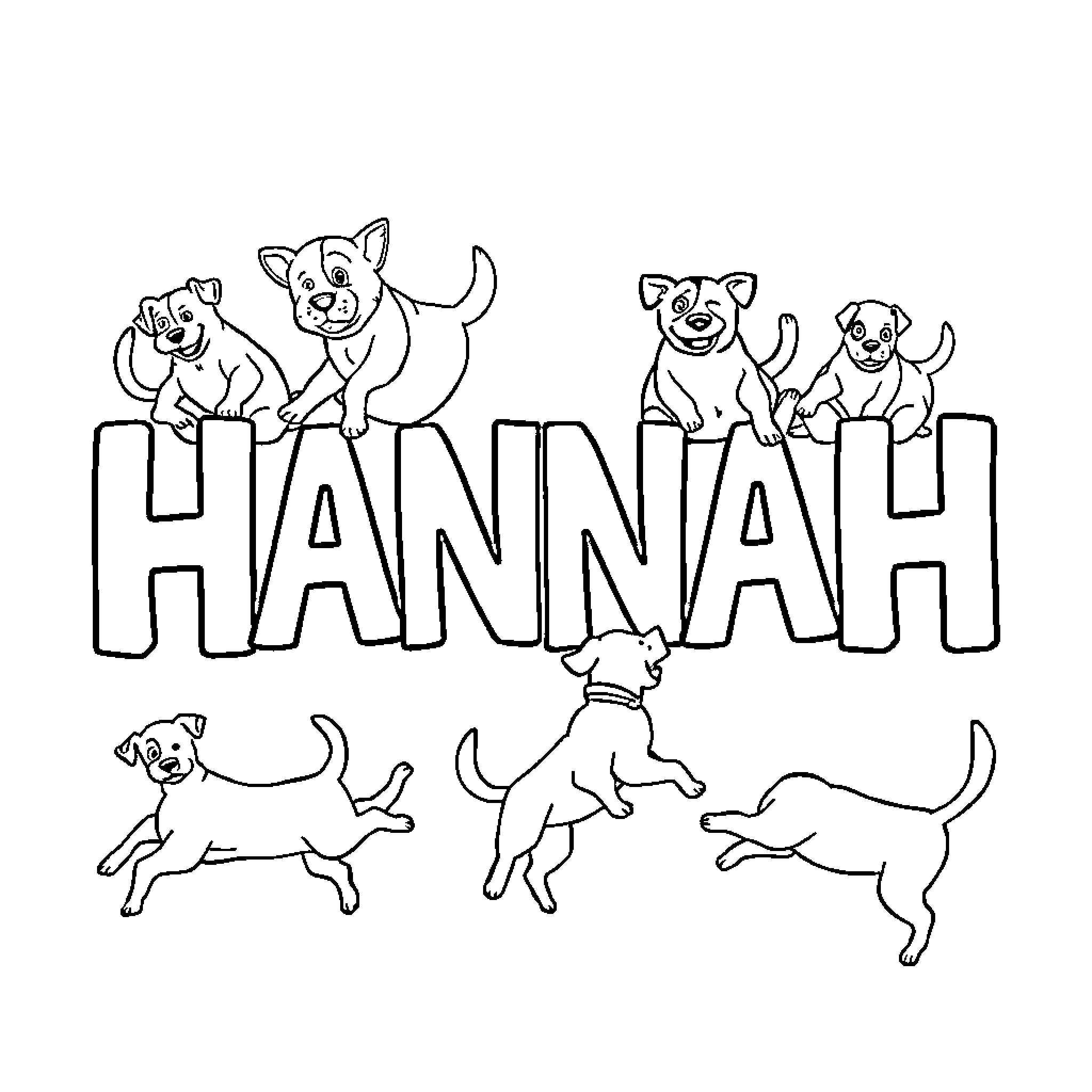 Hannah's Playful Pups Leaping and Frolicking Coloring Page (free black-and-white line drawing printable PDF for all, from beginners to advanced learners, including children, teens, adults, and seniors)