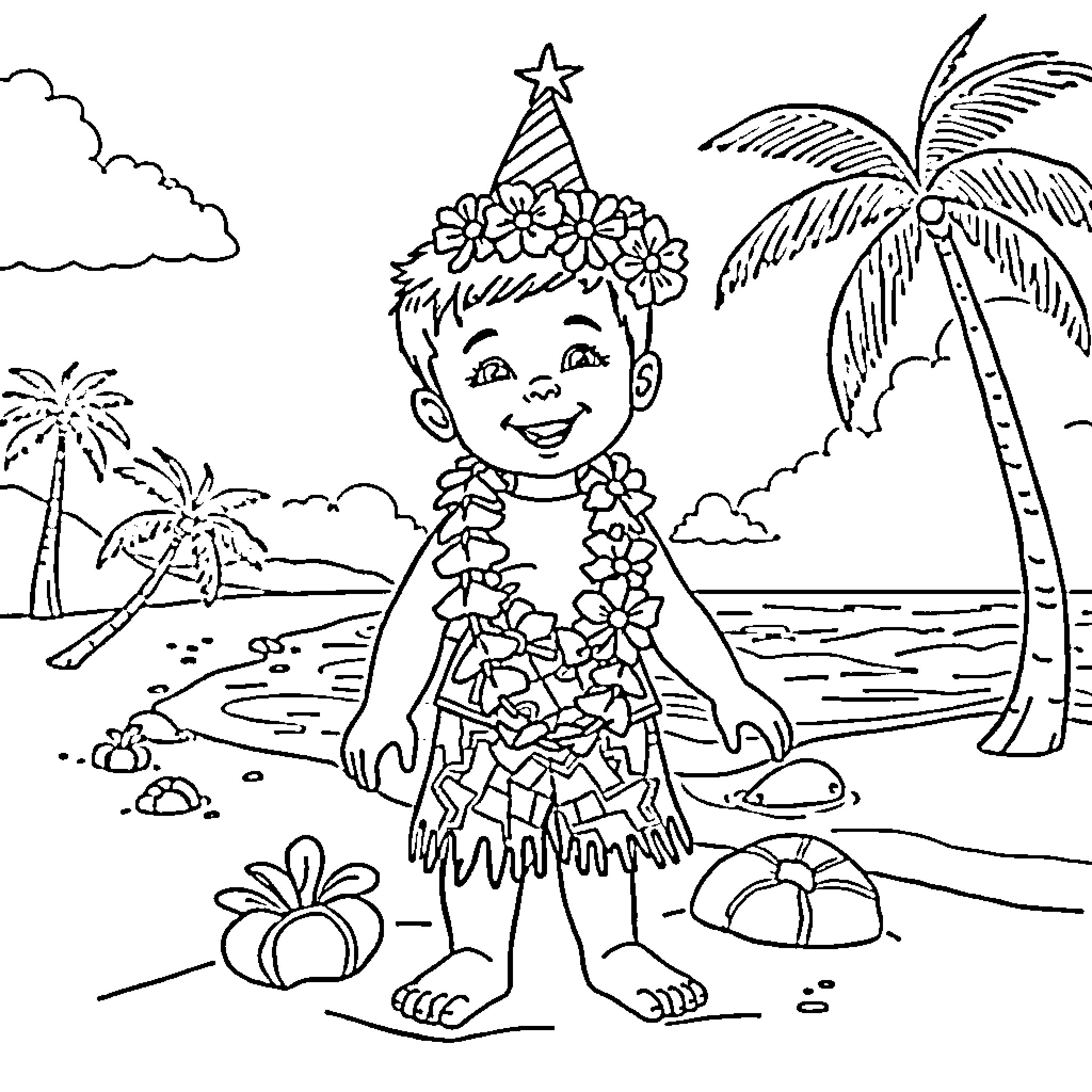 Child enjoying a tropical beach vacation Coloring Page (free black-and-white line drawing printable PDF for all, from beginners to advanced learners, including children, teens, adults, and seniors)