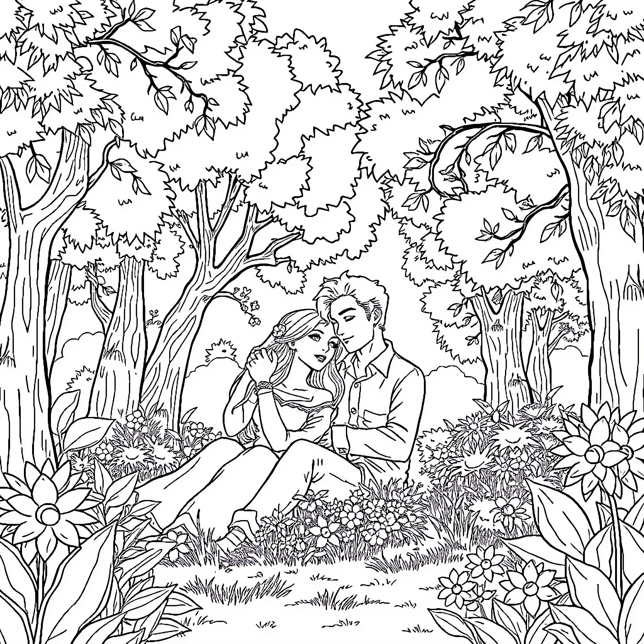 Couple embracing in a lush, natural setting Coloring Page (free black-and-white line drawing printable PDF for all, from beginners to advanced learners, including children, teens, adults, and seniors)