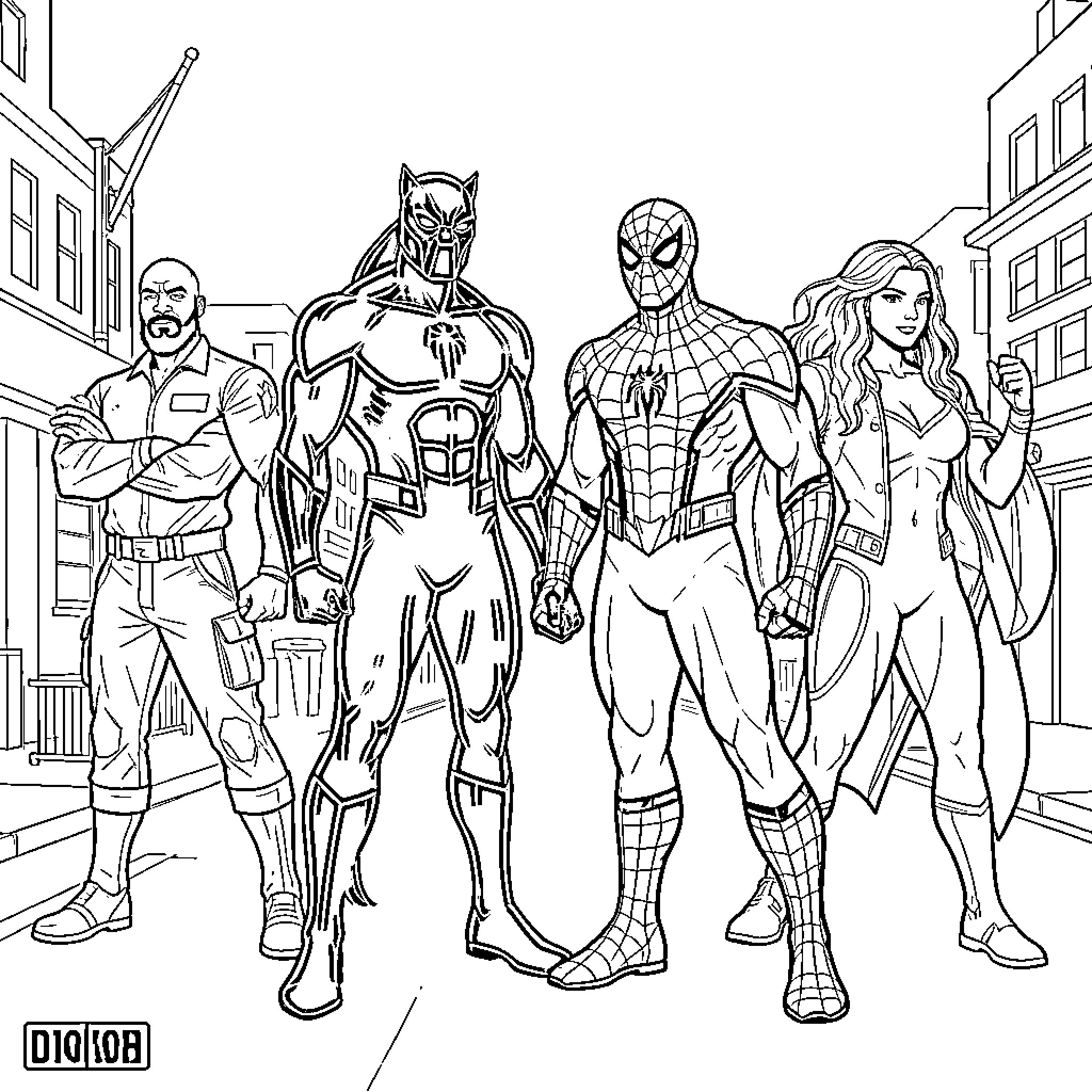Black Panther standing with superhero teammates in a city Coloring Page (free black-and-white line drawing printable PDF for all, from beginners to advanced learners, including children, teens, adults, and seniors)