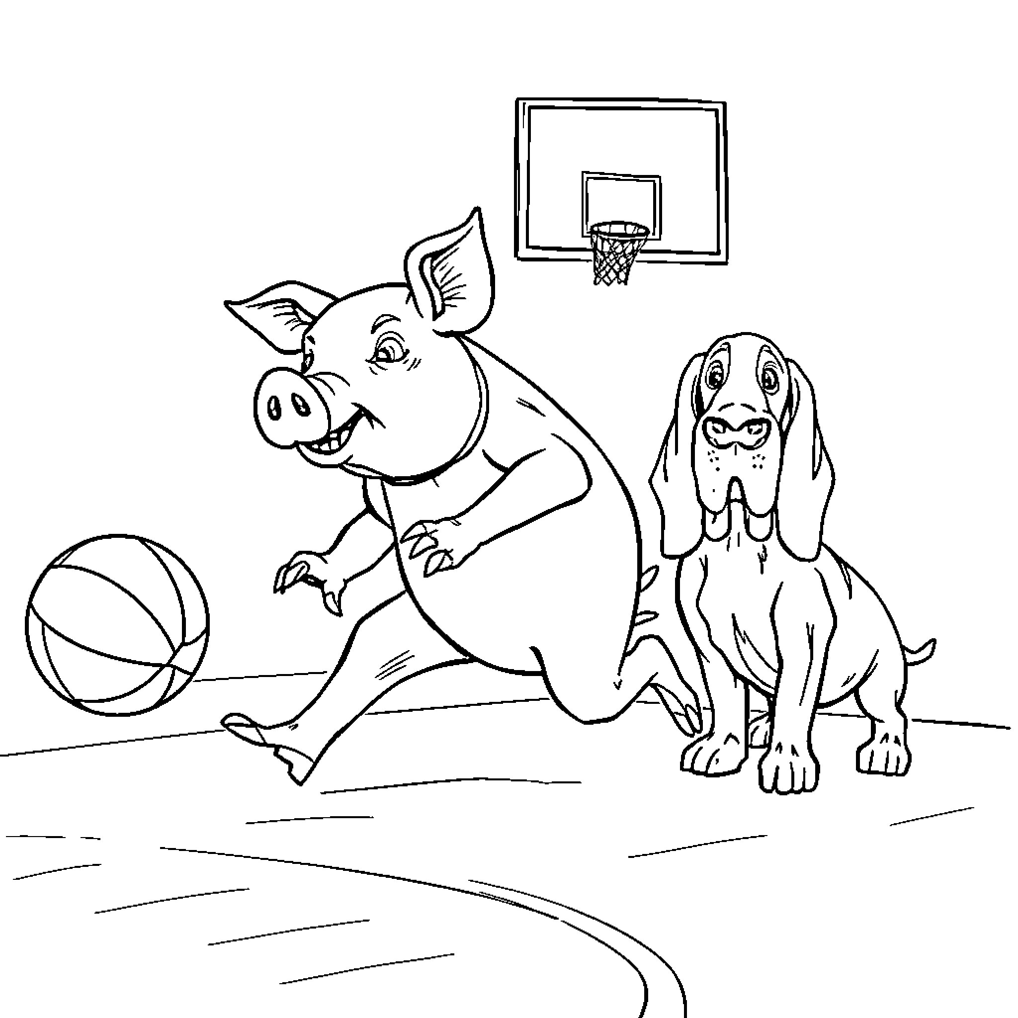Pig playing basketball with dog on court Coloring Page (free black-and-white line drawing printable PDF for all, from beginners to advanced learners, including children, teens, adults, and seniors)
