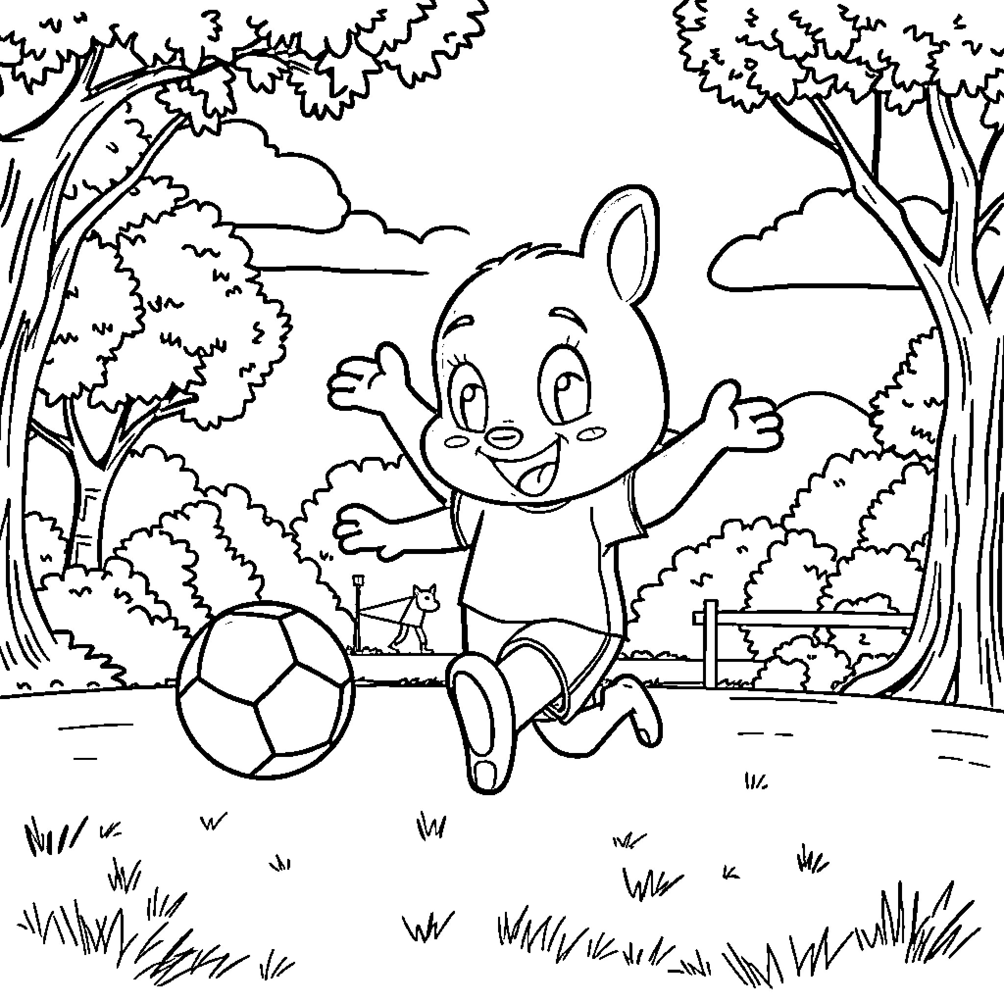 Bluey playing with soccer ball in park Coloring Page (free black-and-white line drawing printable PDF for all, from beginners to advanced learners, including children, teens, adults, and seniors)