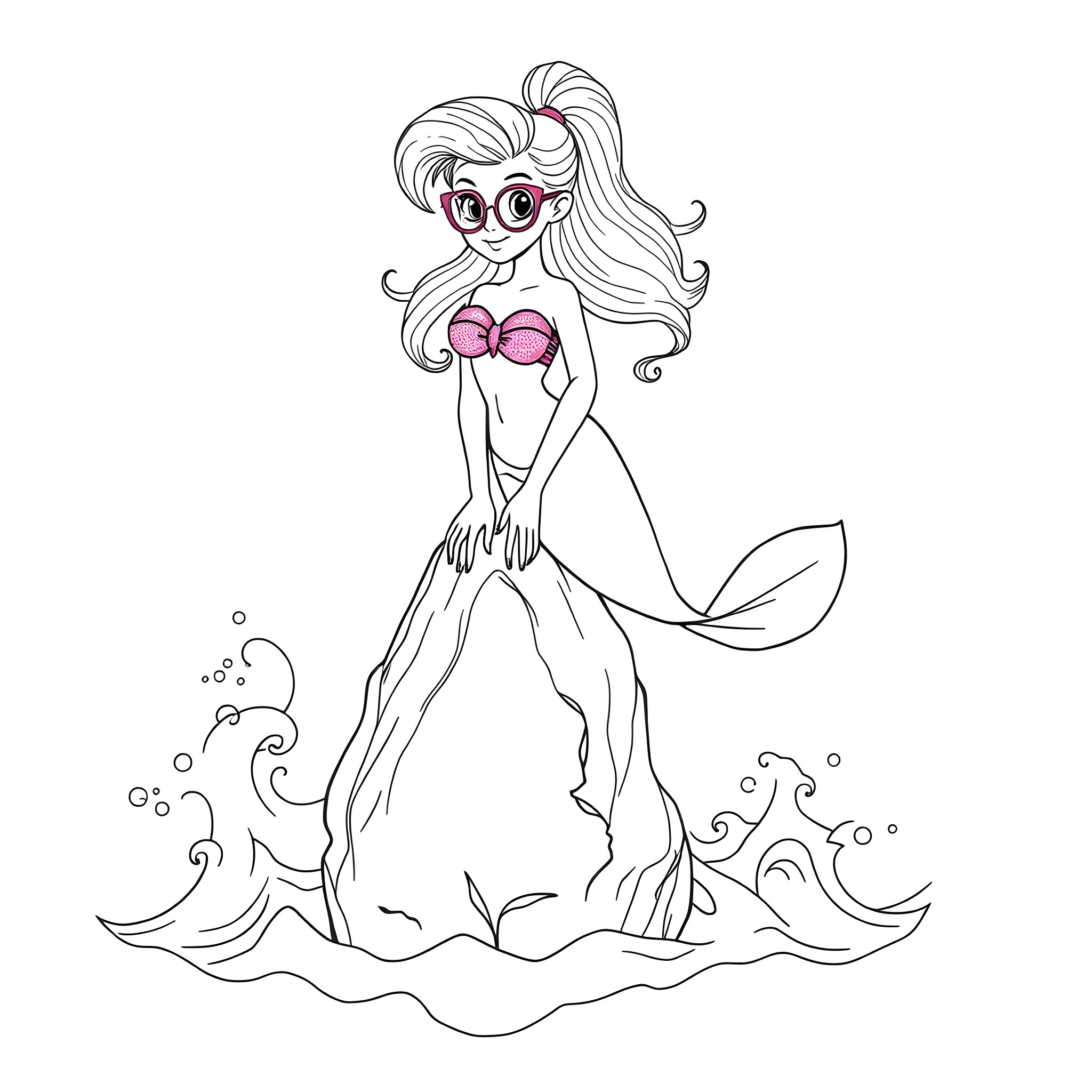 Mermaid in a whimsical underwater scene Coloring Page (free black-and-white line drawing printable PDF for all, from beginners to advanced learners, including children, teens, adults, and seniors)