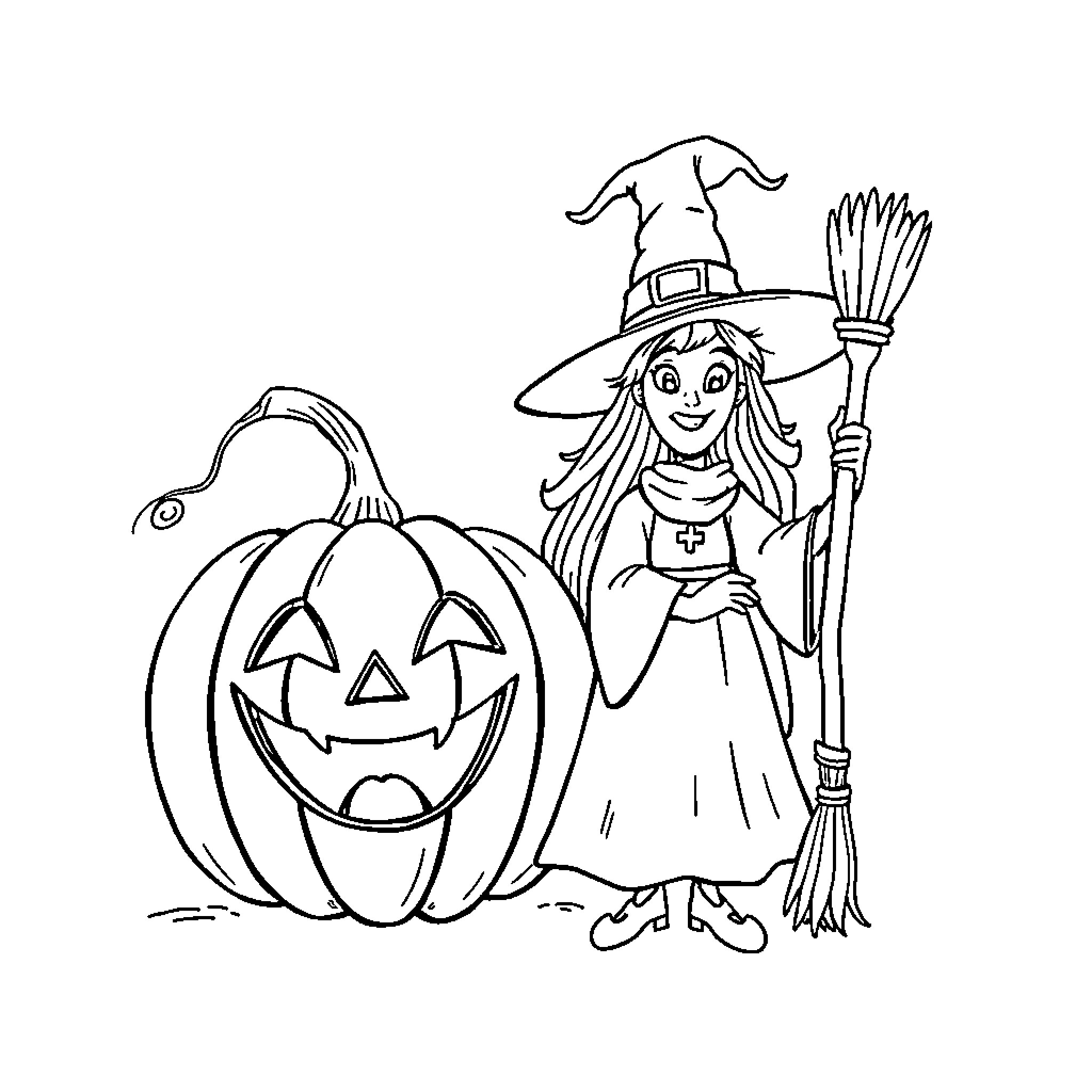Pumpkin-themed Halloween witch and jack-o'-lantern Coloring Page (free black-and-white line drawing printable PDF for all, from beginners to advanced learners, including children, teens, adults, and seniors)
