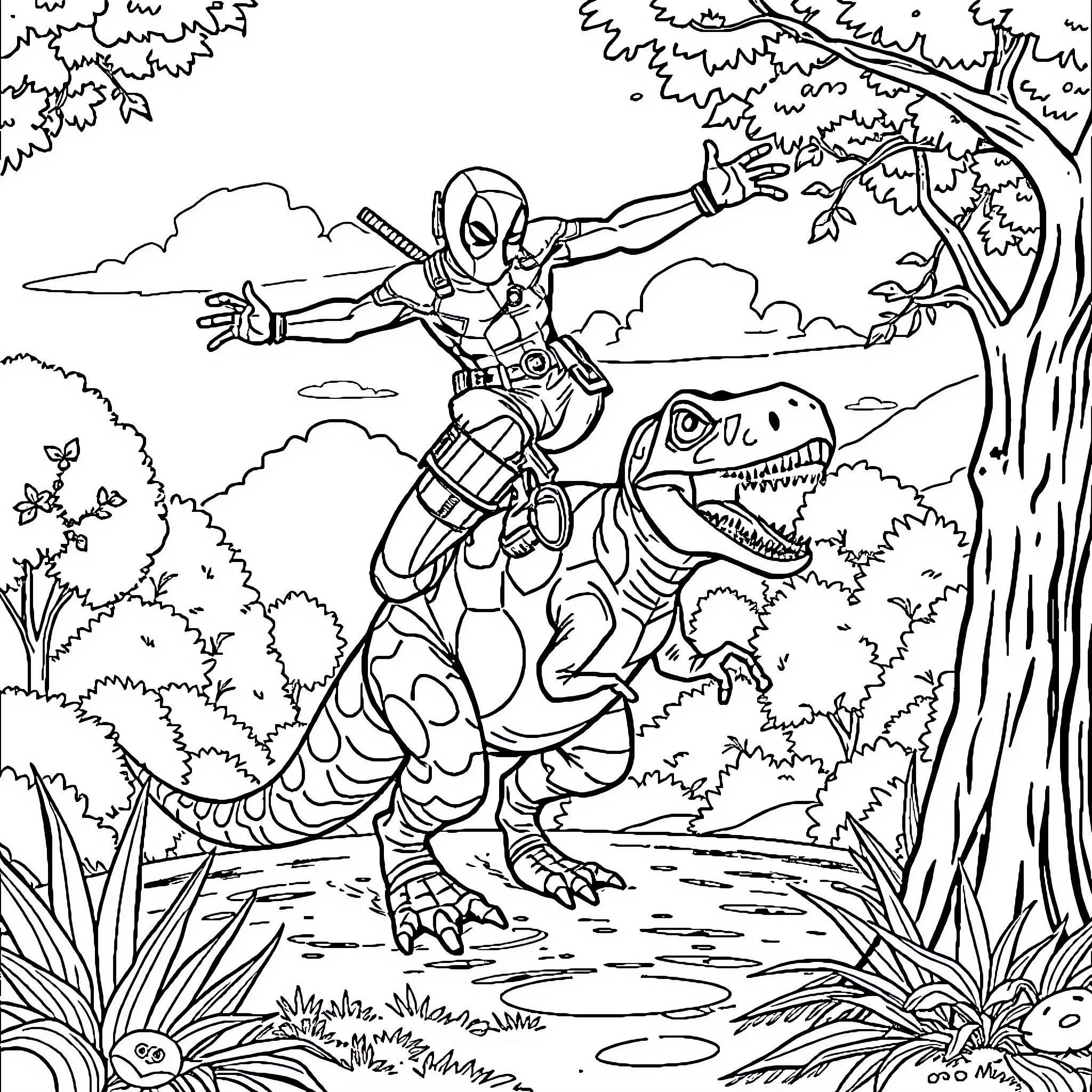 Deadpool Rides Prehistoric Dinosaur in Jungle Landscape Coloring Page (free black-and-white line drawing printable PDF for all, from beginners to advanced learners, including children, teens, adults, and seniors)