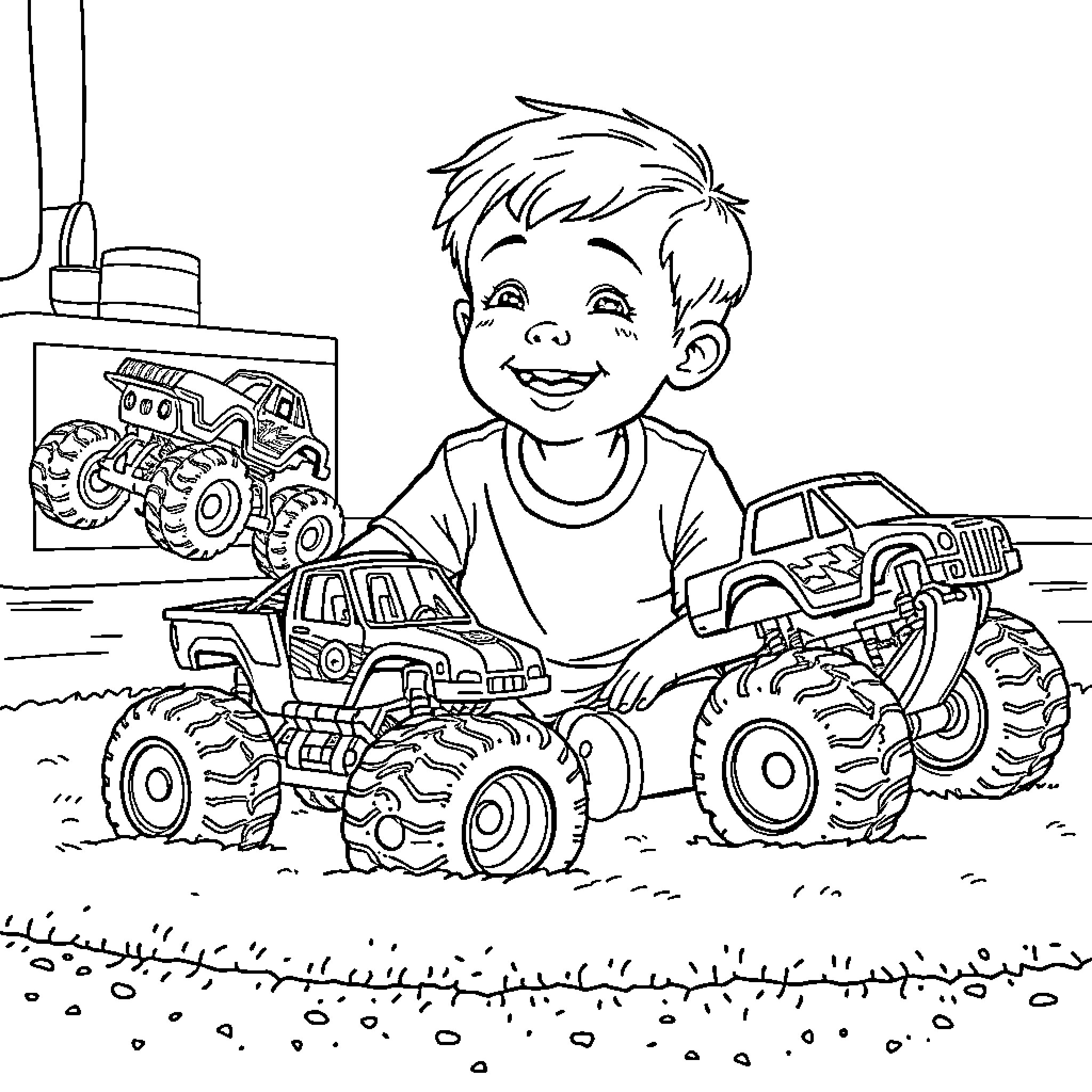 Boy playing joyfully with monster trucks Coloring Page (free black-and-white line drawing printable PDF for all, from beginners to advanced learners, including children, teens, adults, and seniors)