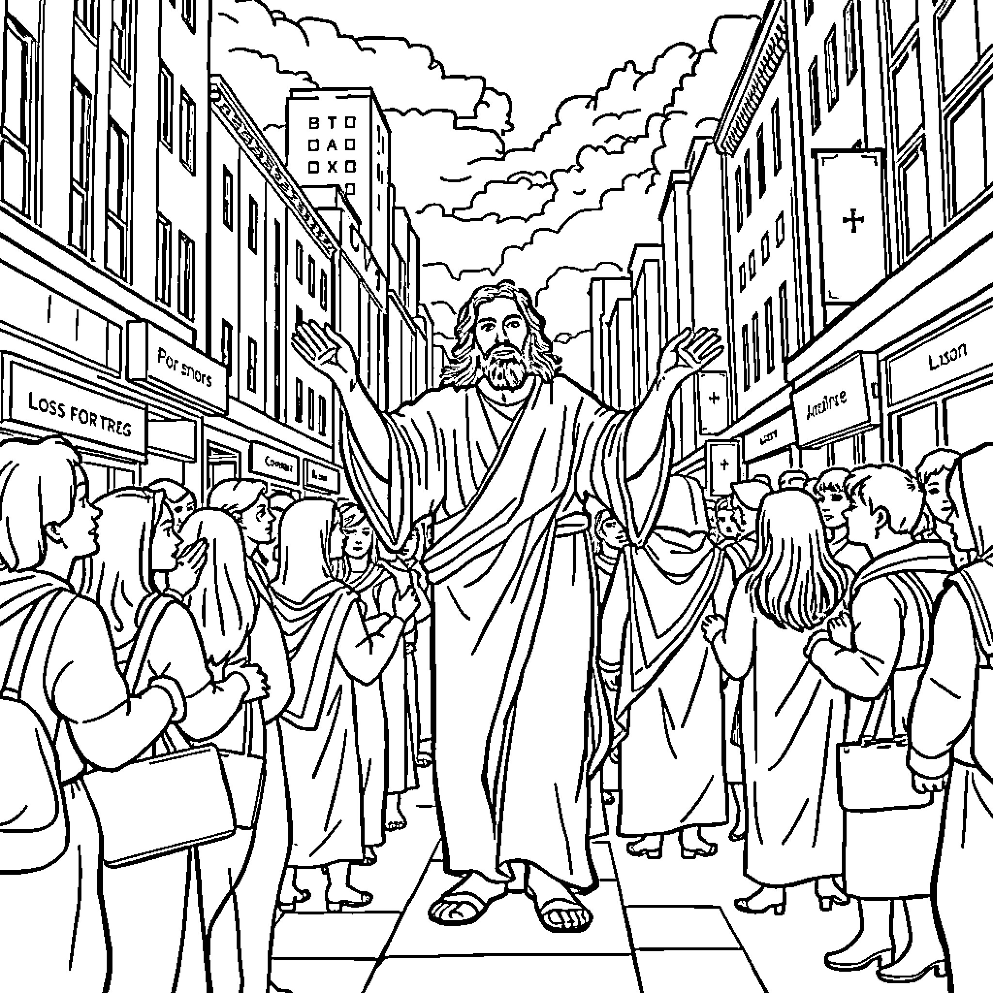 Jesus preaching to the crowds in the city streets Coloring Page (free black-and-white line drawing printable PDF for all, from beginners to advanced learners, including children, teens, adults, and seniors)