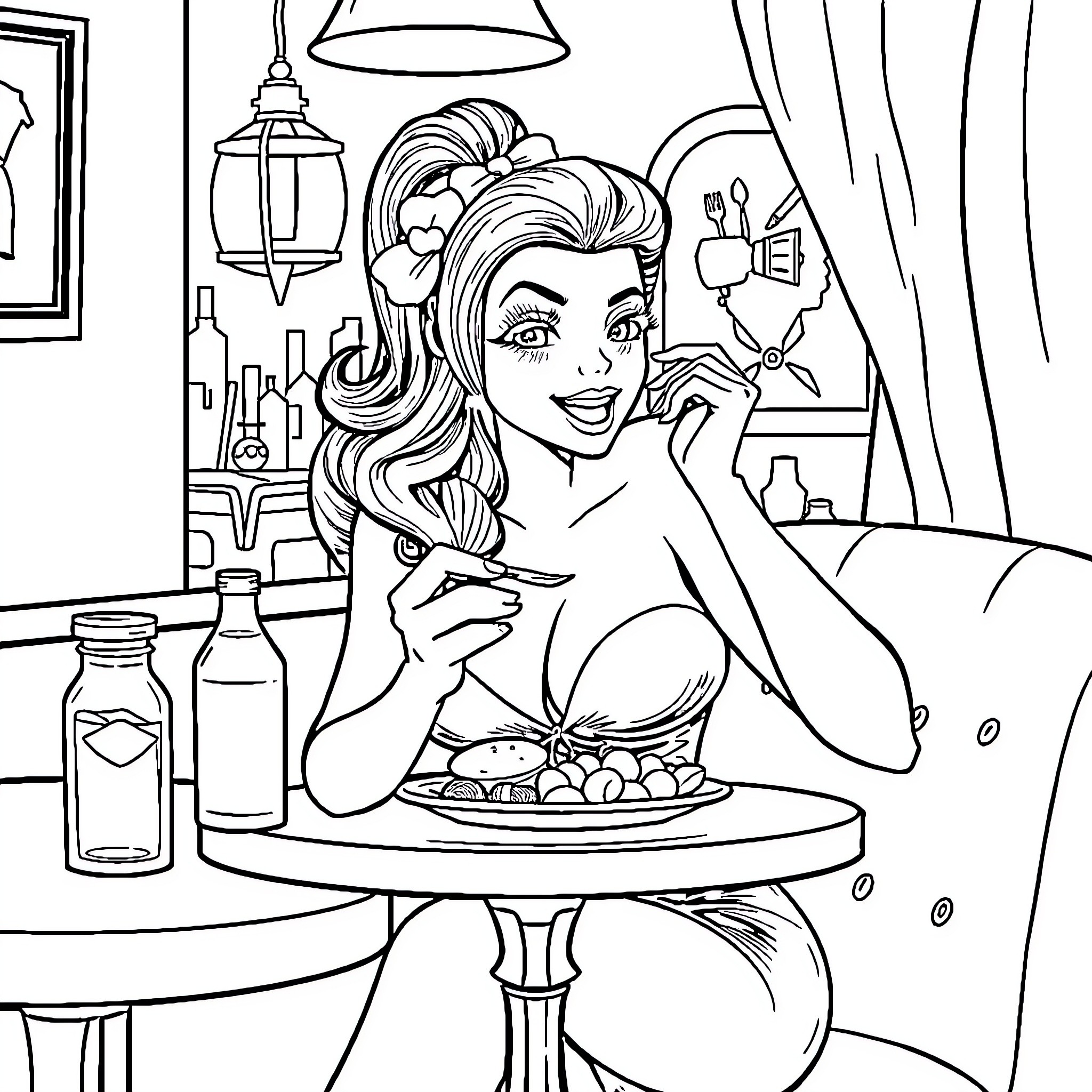 Abella Danger enjoying a meal in a cozy kitchen setting Coloring Page (free black-and-white line drawing printable PDF for all, from beginners to advanced learners, including children, teens, adults, and seniors)