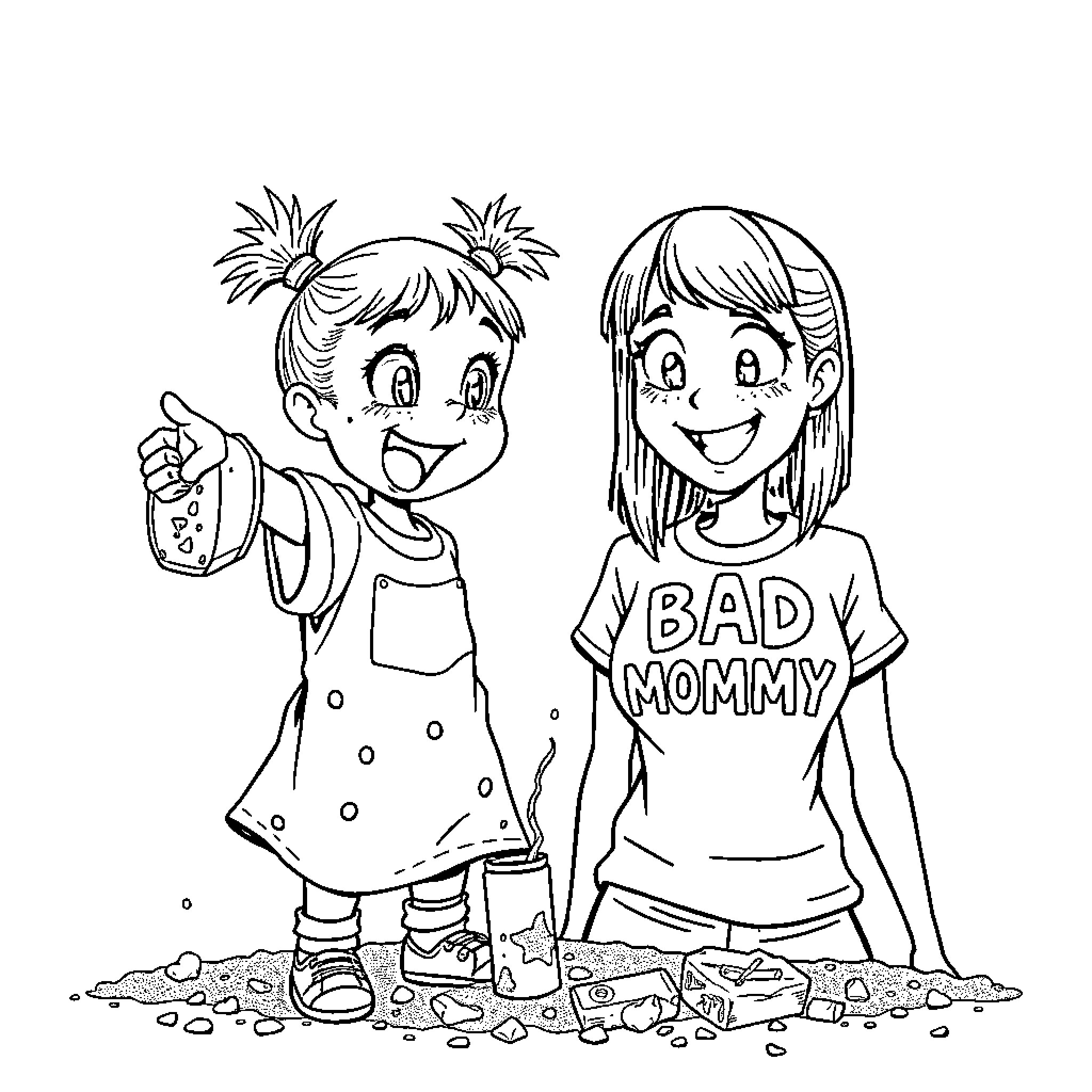 Girl pals having fun with playful expressions Coloring Page (free black-and-white line drawing printable PDF for all, from beginners to advanced learners, including children, teens, adults, and seniors)