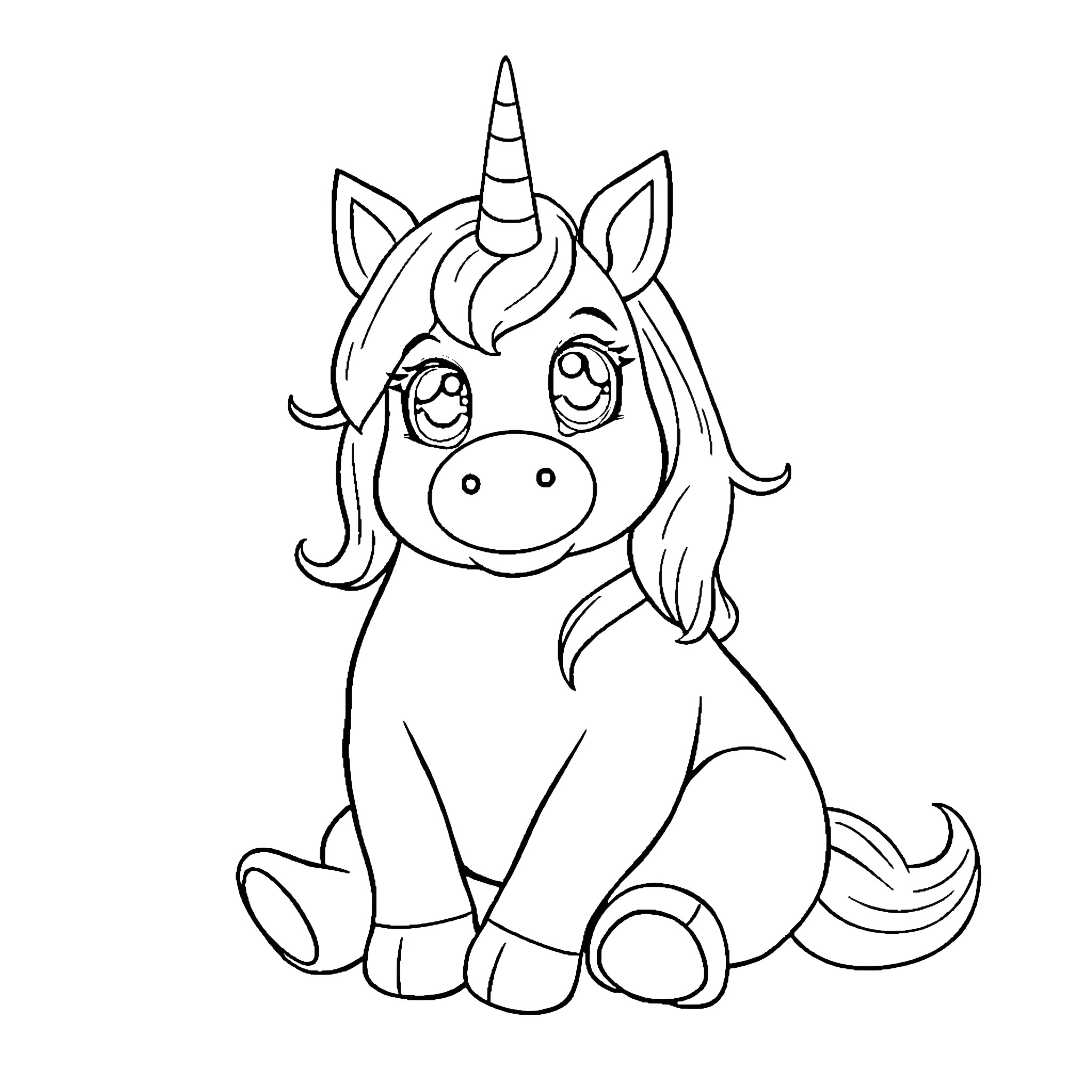 Unicorn sitting contentedly on a plain background Coloring Page (free black-and-white line drawing printable PDF for all, from beginners to advanced learners, including children, teens, adults, and seniors)