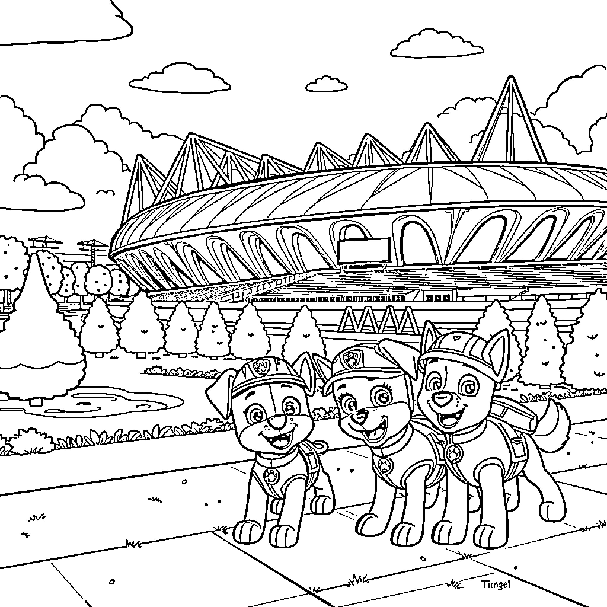 Paw Patrol Trio Exploring the City Bridge Coloring Page (free black-and-white line drawing printable PDF for all, from beginners to advanced learners, including children, teens, adults, and seniors)