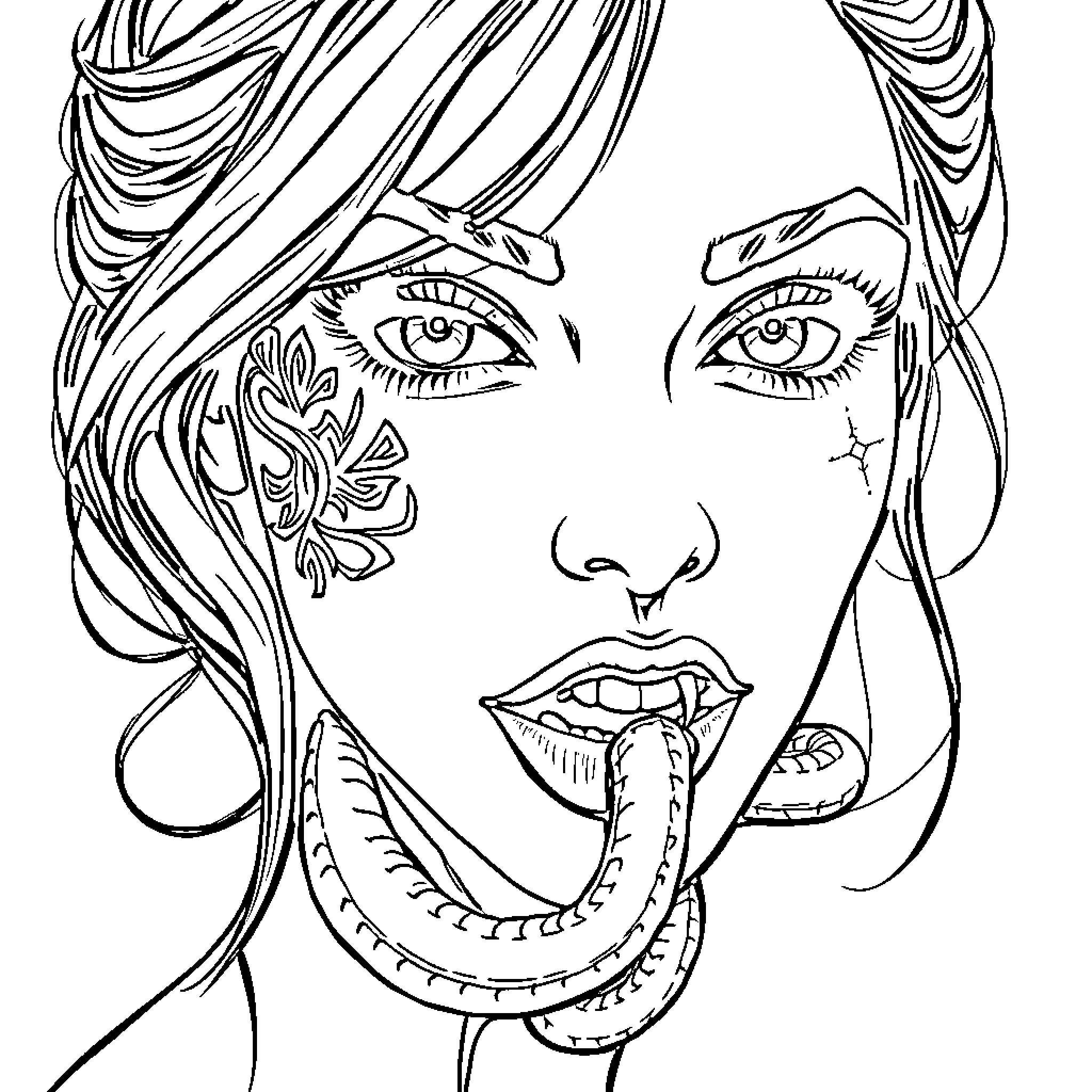 Woman with intricate facial design Coloring Page (free black-and-white line drawing printable PDF for all, from beginners to advanced learners, including children, teens, adults, and seniors)