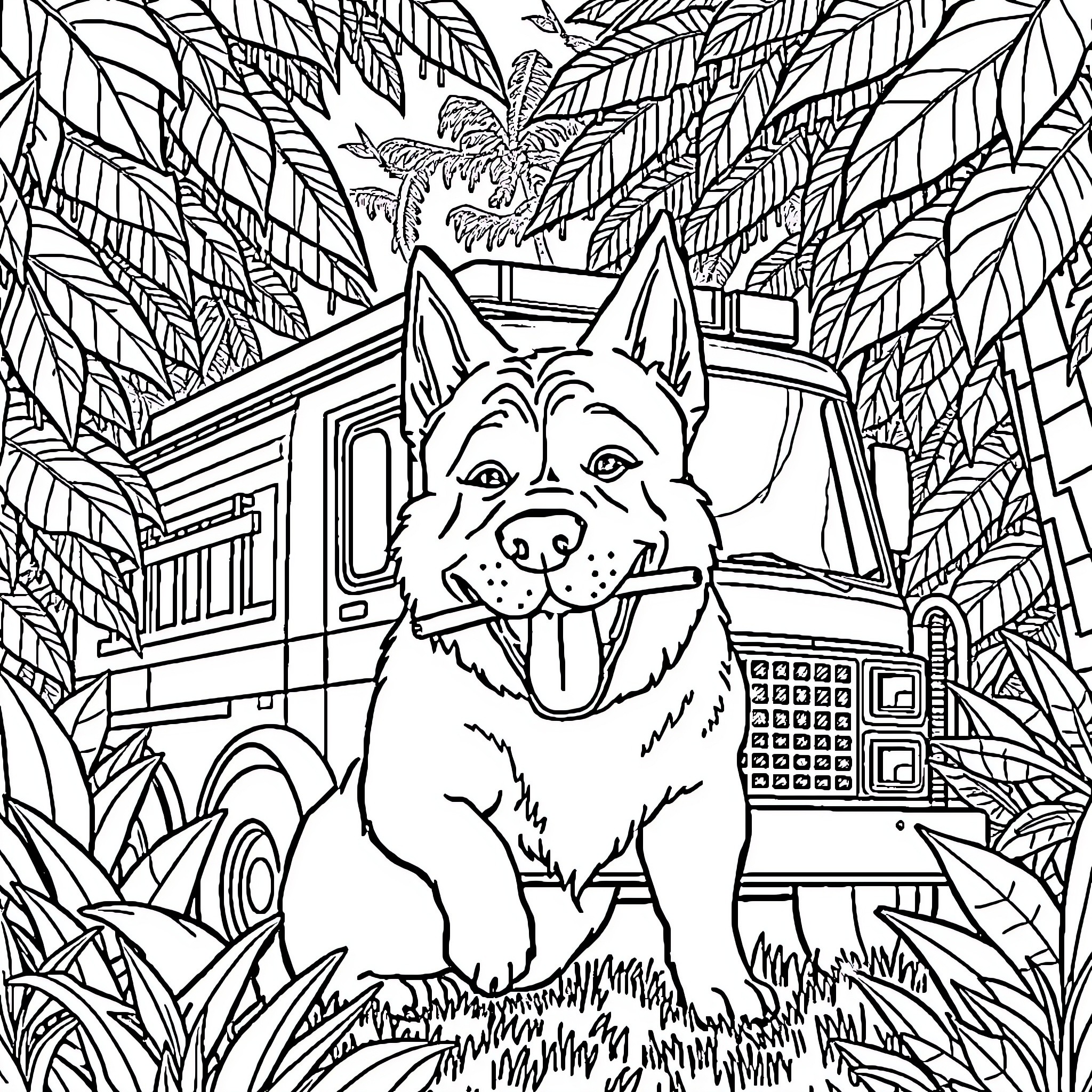 Dog exploring the tropical jungle Coloring Page (free black-and-white line drawing printable PDF for all, from beginners to advanced learners, including children, teens, adults, and seniors)
