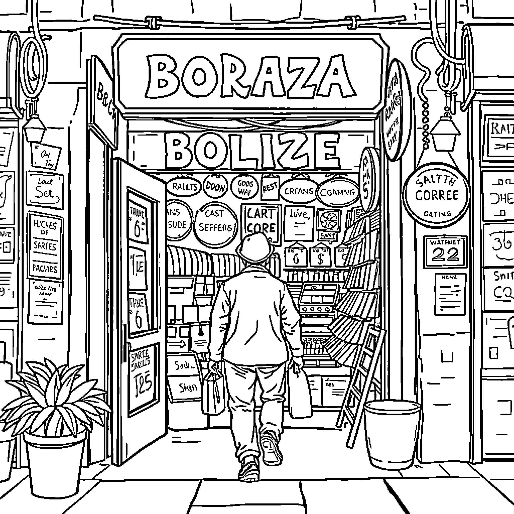 Nas Exploring a Vibrant Corner Market Coloring Page (free black-and-white line drawing printable PDF for all, from beginners to advanced learners, including children, teens, adults, and seniors)