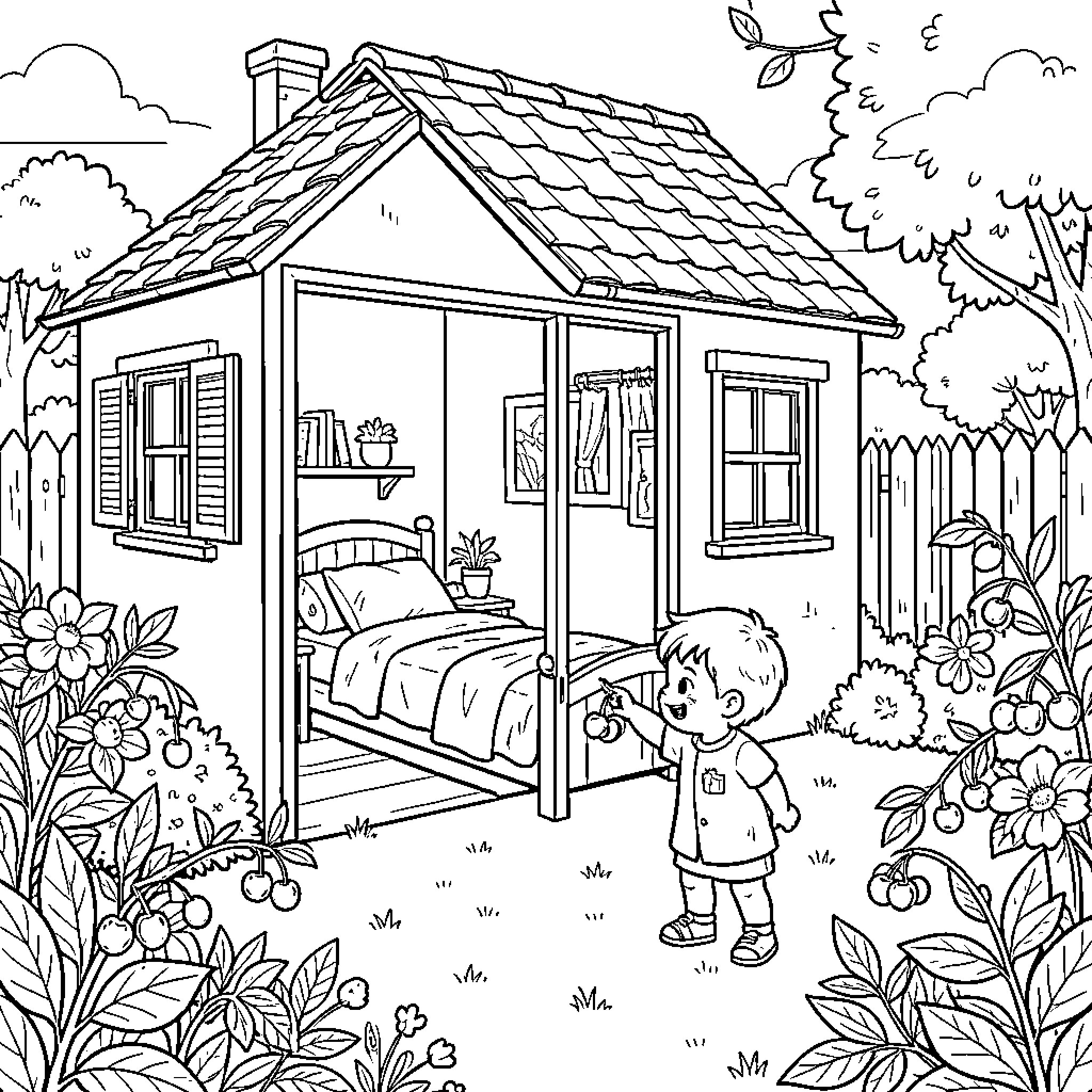 Child standing outside a small house in a garden Coloring Page (free black-and-white line drawing printable PDF for all, from beginners to advanced learners, including children, teens, adults, and seniors)