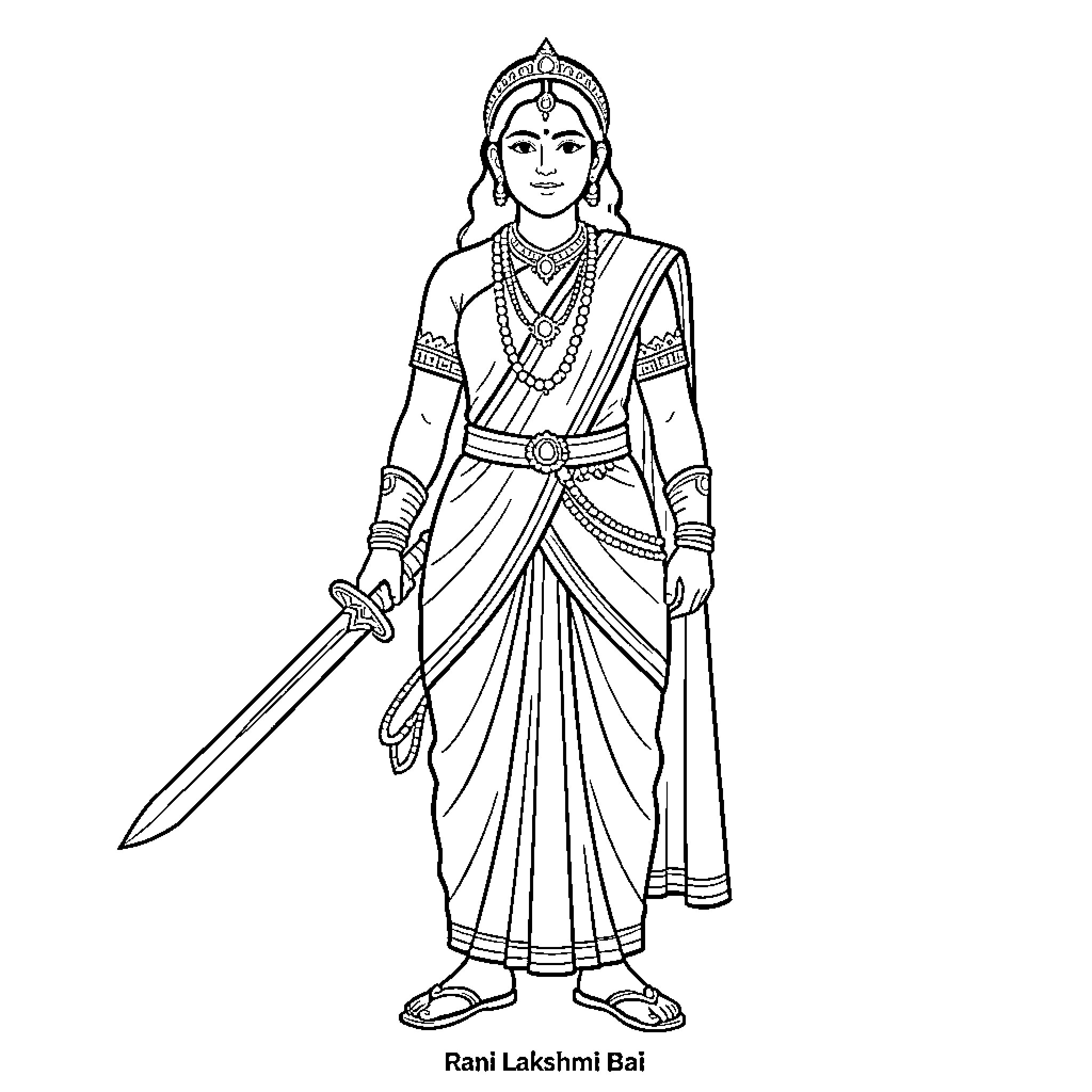 Rani Lakshmi Bai standing regally holding a sword Coloring Page (free black-and-white line drawing printable PDF for all, from beginners to advanced learners, including children, teens, adults, and seniors)