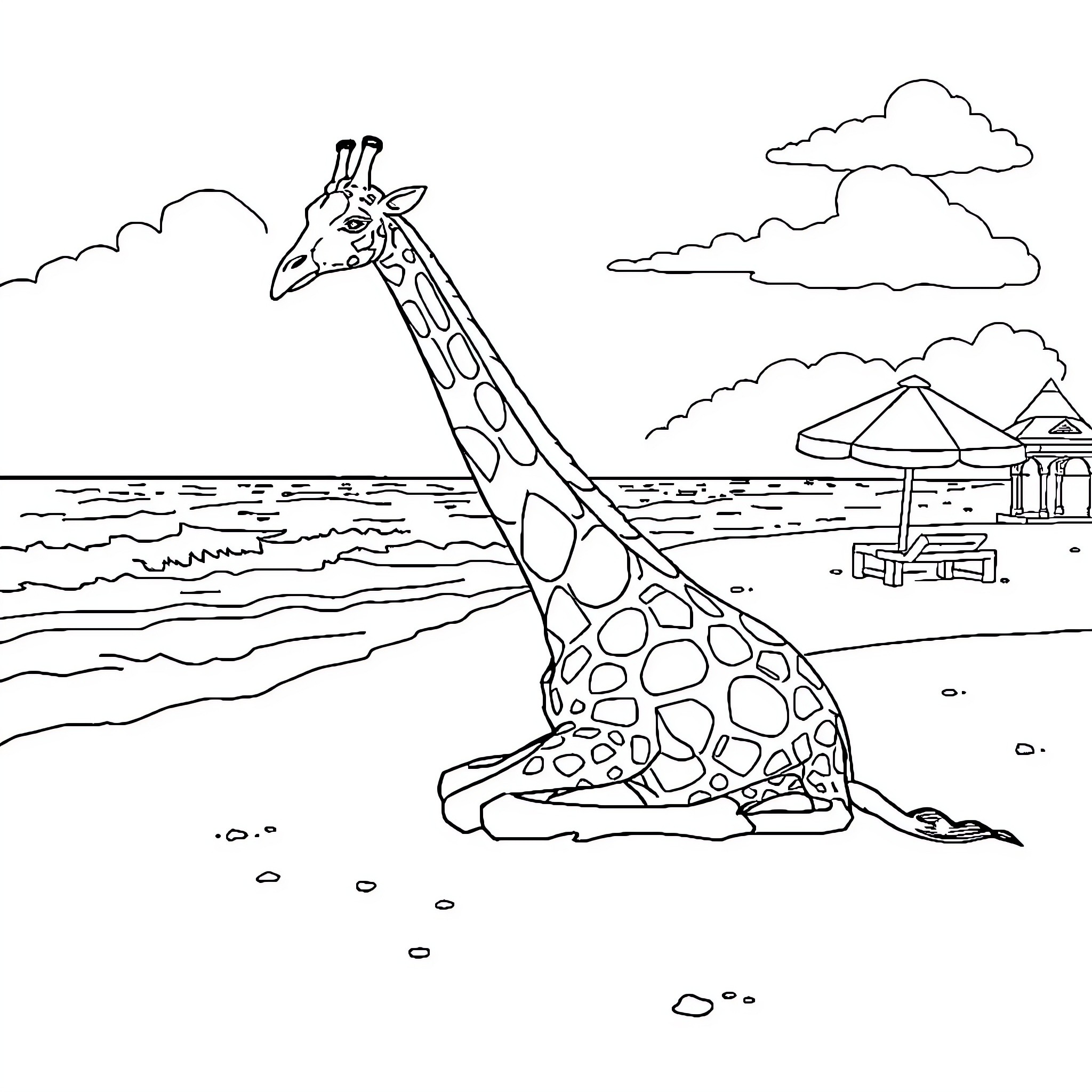 Giraffe relaxing by the beach Coloring Page (free black-and-white line drawing printable PDF for all, from beginners to advanced learners, including children, teens, adults, and seniors)