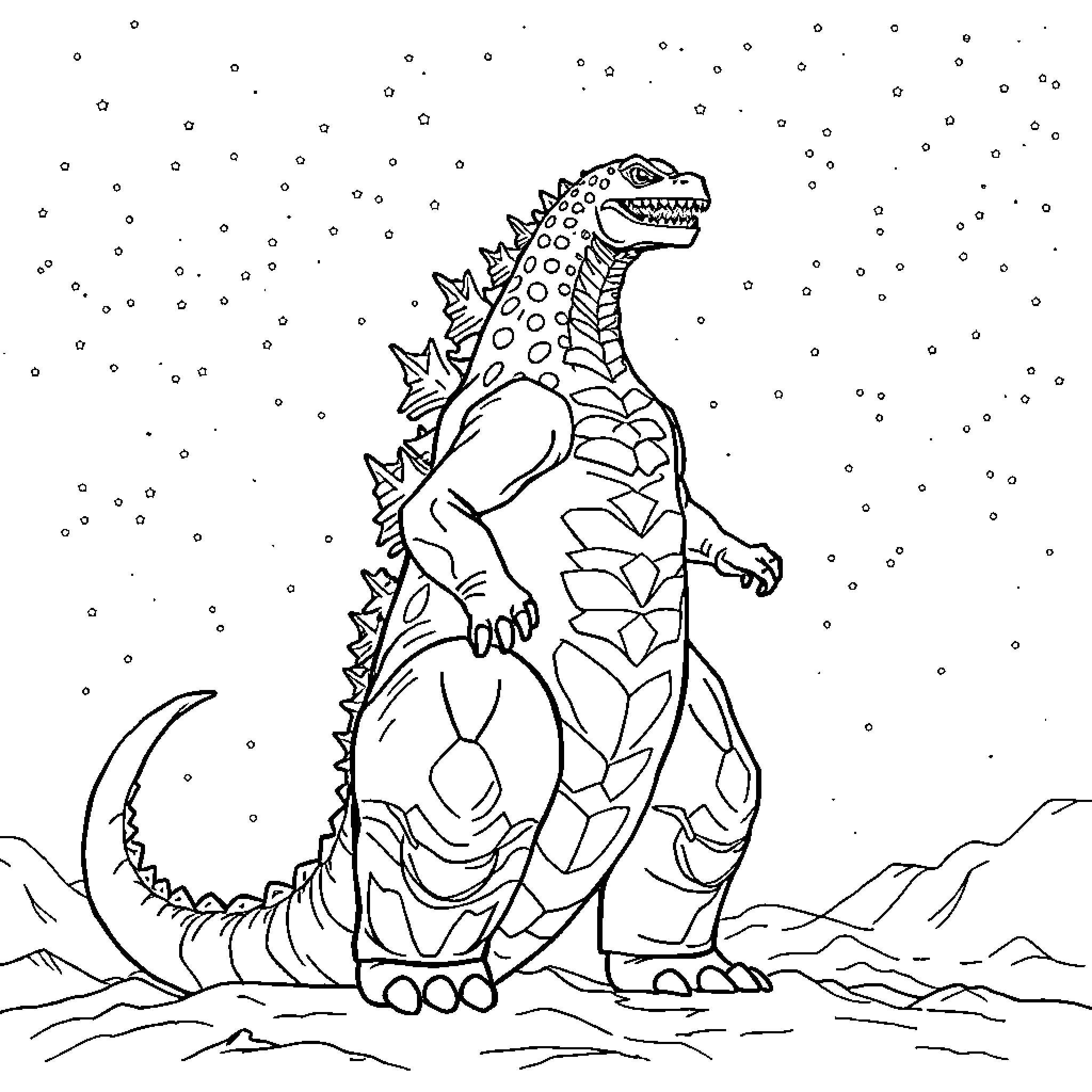 Godzilla stomping through the snowy landscape Coloring Page (free black-and-white line drawing printable PDF for all, from beginners to advanced learners, including children, teens, adults, and seniors)