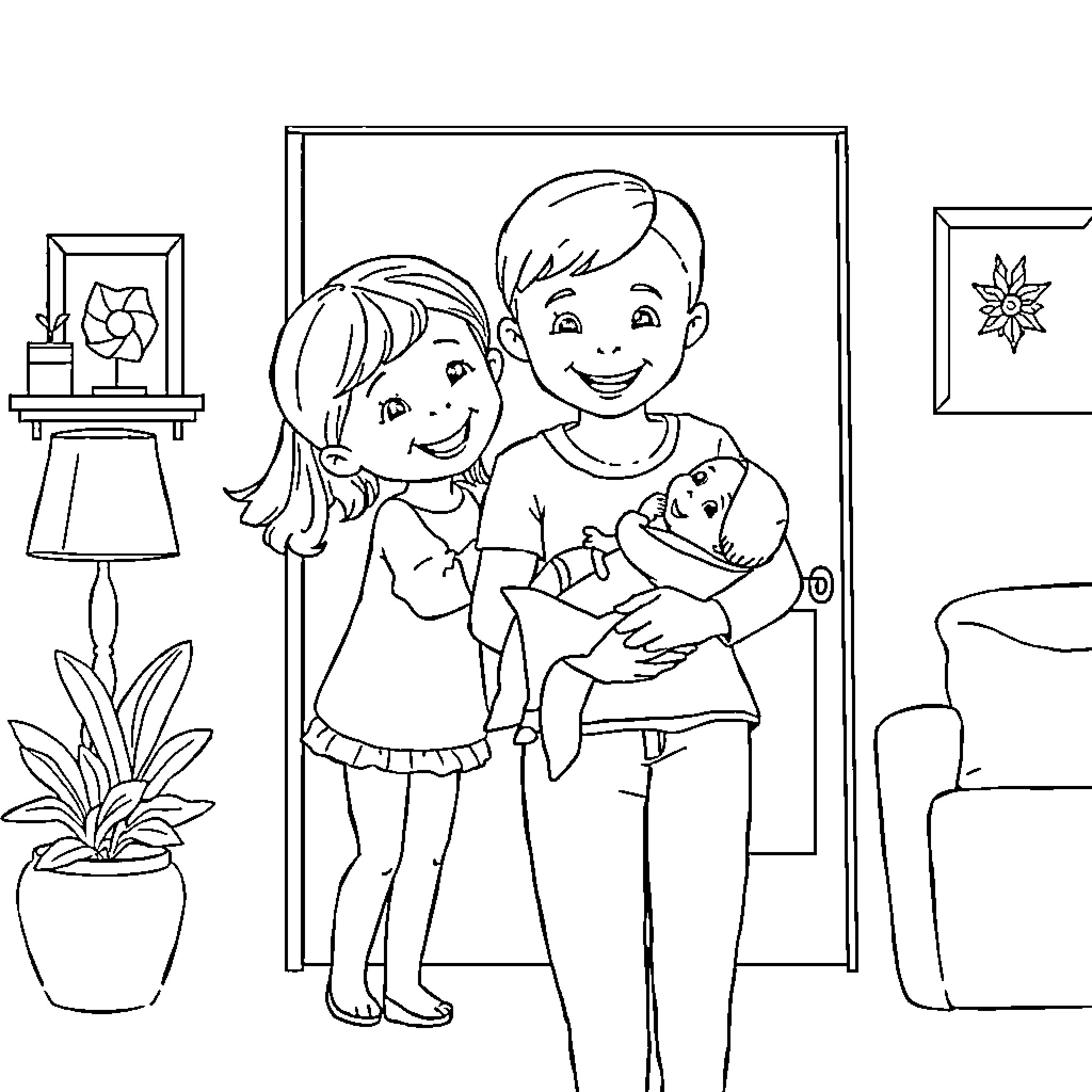 Siblings enjoying a cozy moment at home Coloring Page (free black-and-white line drawing printable PDF for all, from beginners to advanced learners, including children, teens, adults, and seniors)