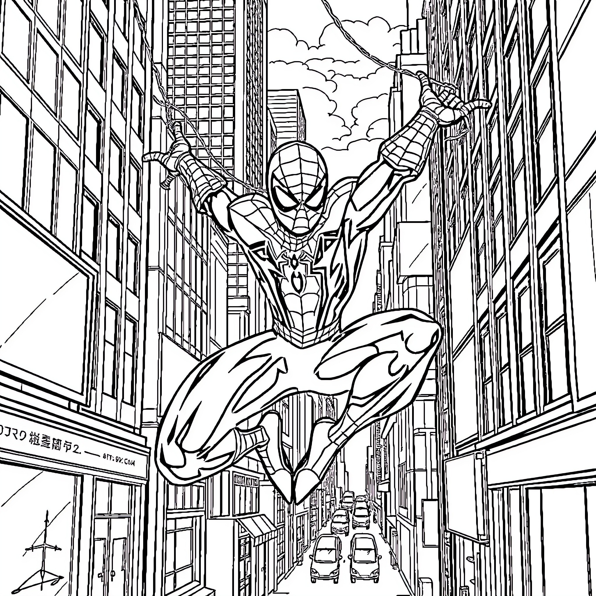 Spider-Man swinging through the city skyline Coloring Page (free black-and-white line drawing printable PDF for all, from beginners to advanced learners, including children, teens, adults, and seniors)