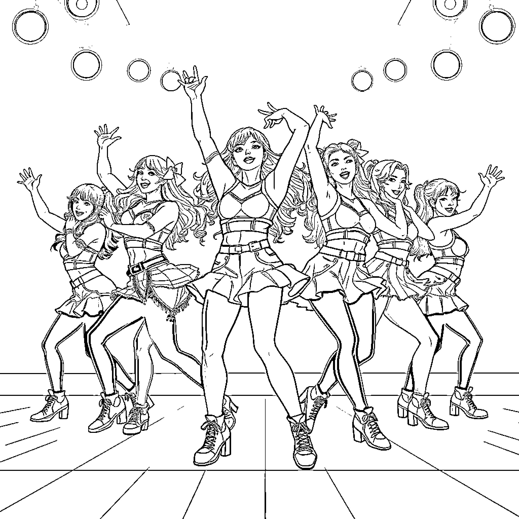 K-pop Girl Group Performing Dynamic Dance Routine Coloring Page (free black-and-white line drawing printable PDF for all, from beginners to advanced learners, including children, teens, adults, and seniors)