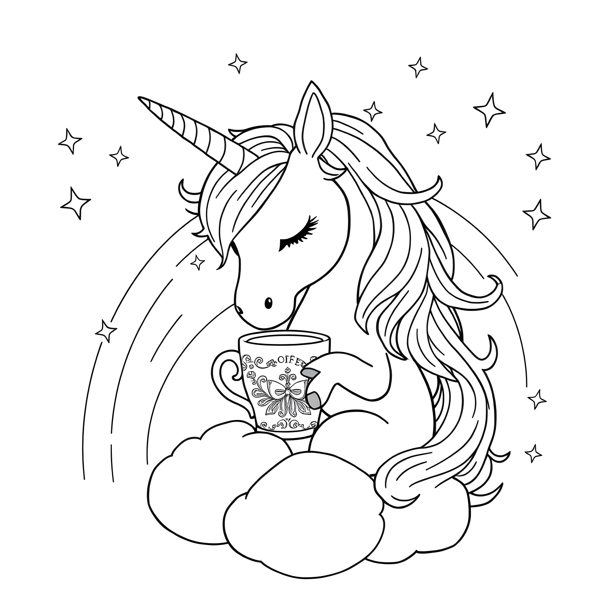 Unicorn drinking tea on cloud with stars Coloring Page (free black-and-white line drawing printable PDF for all, from beginners to advanced learners, including children, teens, adults, and seniors)