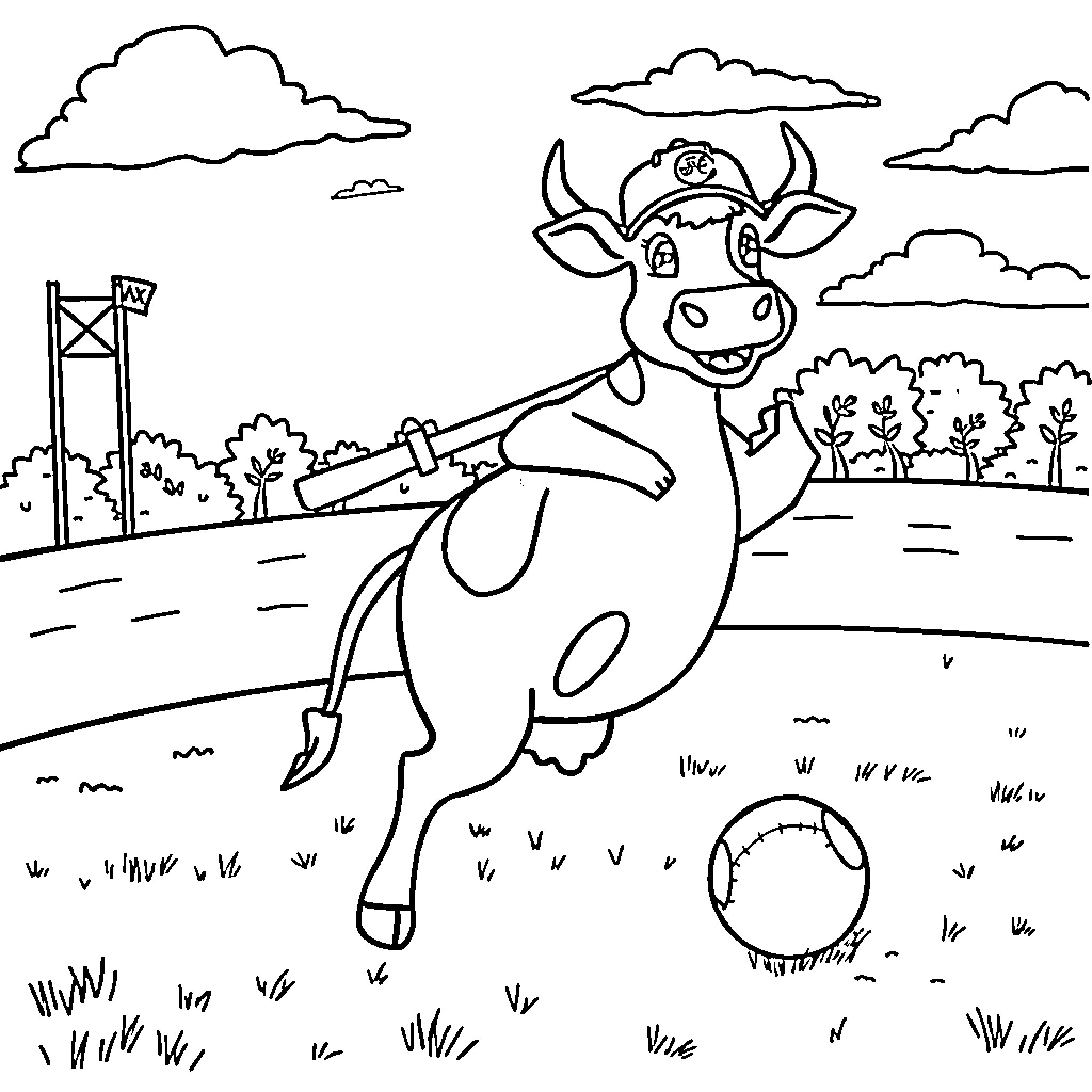 Cow playing happily in the countryside Coloring Page (free black-and-white line drawing printable PDF for all, from beginners to advanced learners, including children, teens, adults, and seniors)