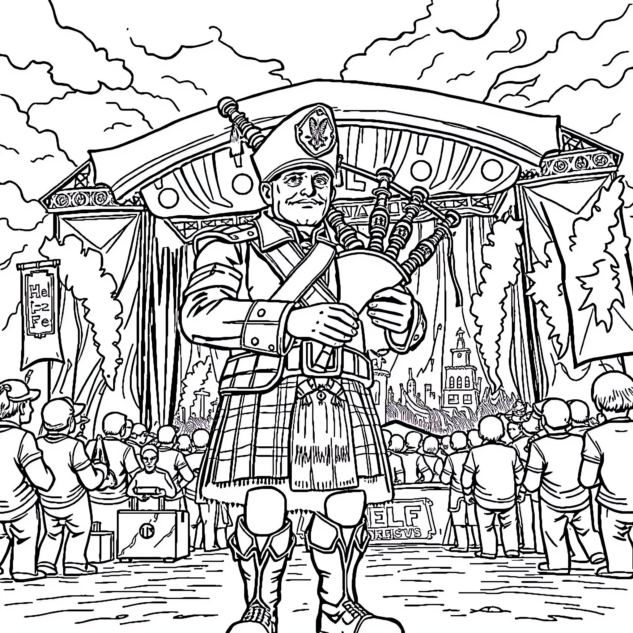 Captain America Leads Parade of Patriotic Festivities Coloring Page (free black-and-white line drawing printable PDF for all, from beginners to advanced learners, including children, teens, adults, and seniors)