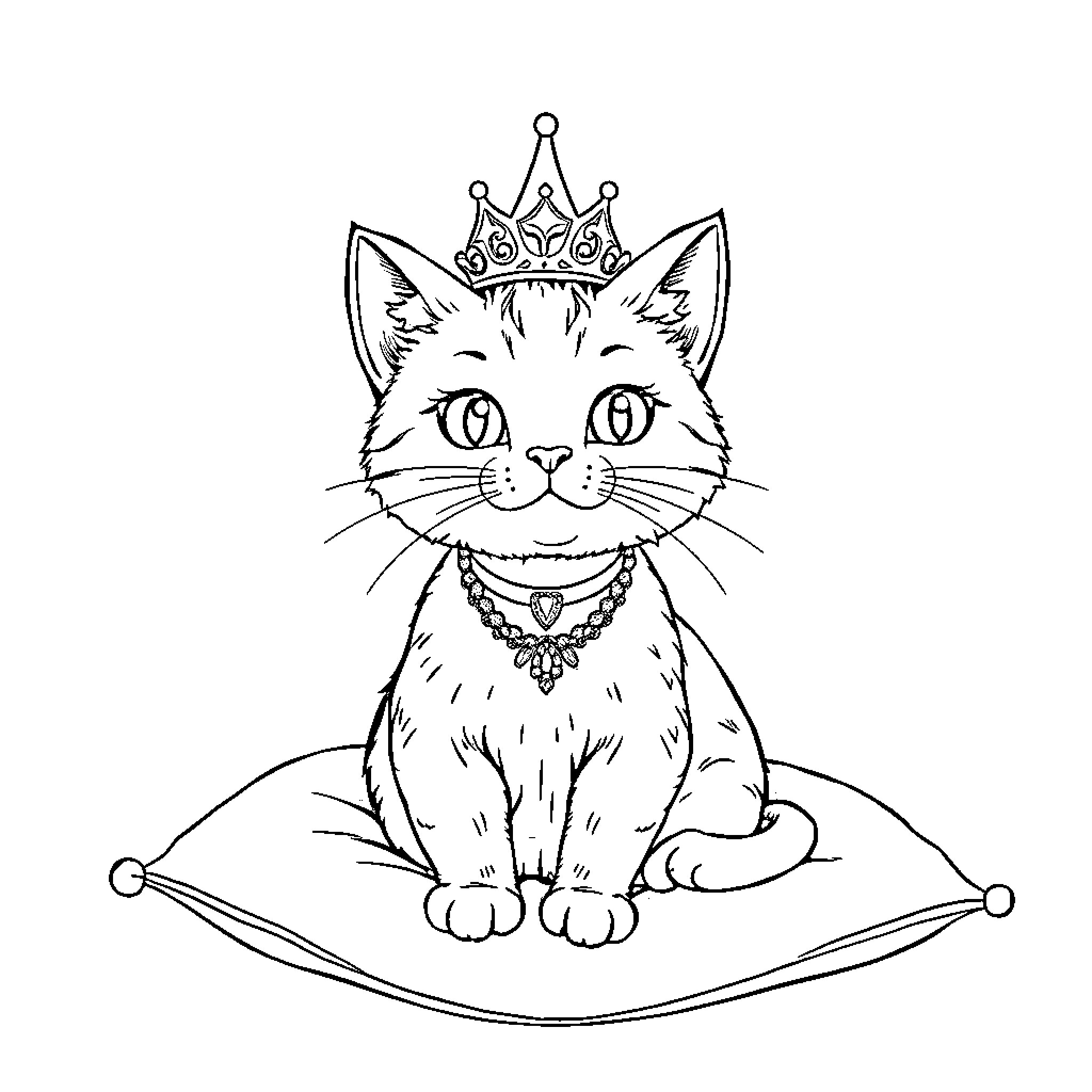 Cat wearing a crown on a magic carpet Coloring Page (free black-and-white line drawing printable PDF for all, from beginners to advanced learners, including children, teens, adults, and seniors)