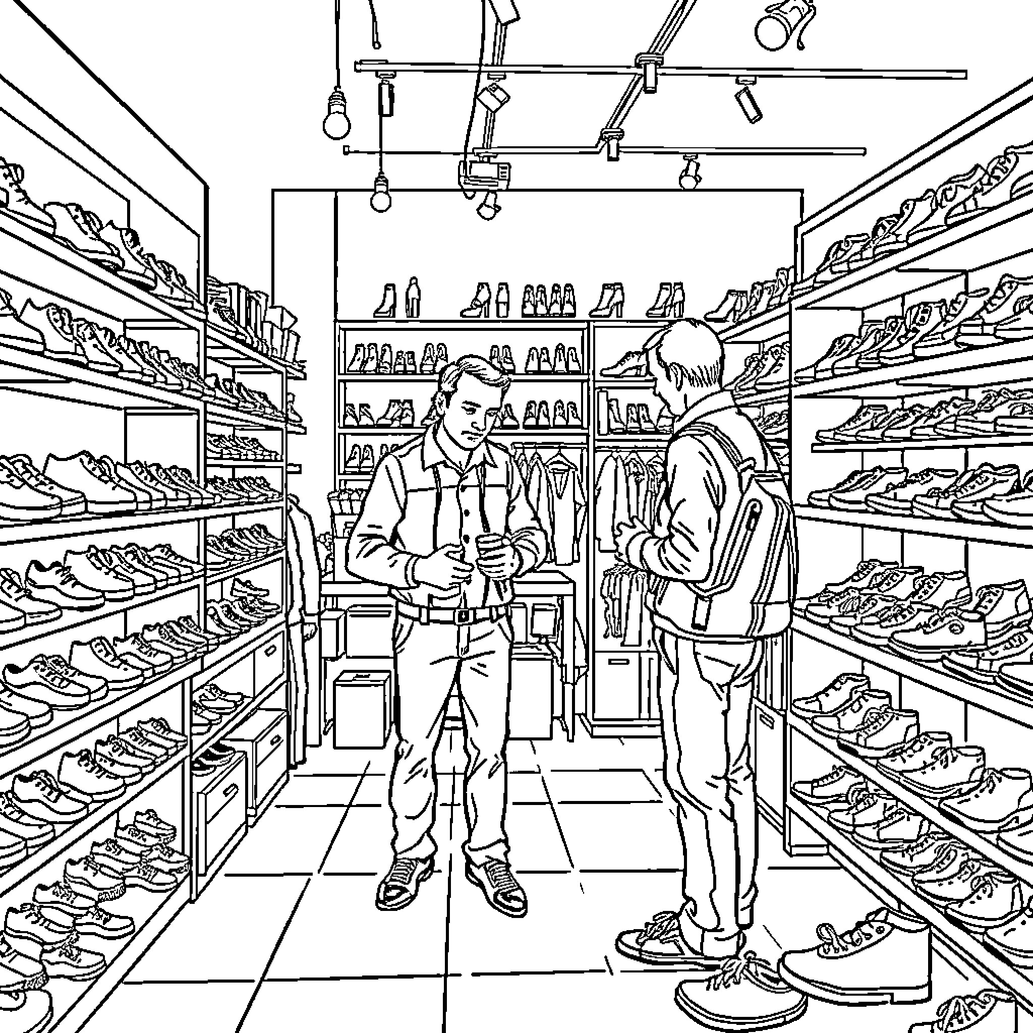 Guy shopping in a shoe store with others Coloring Page (free black-and-white line drawing printable PDF for all, from beginners to advanced learners, including children, teens, adults, and seniors)