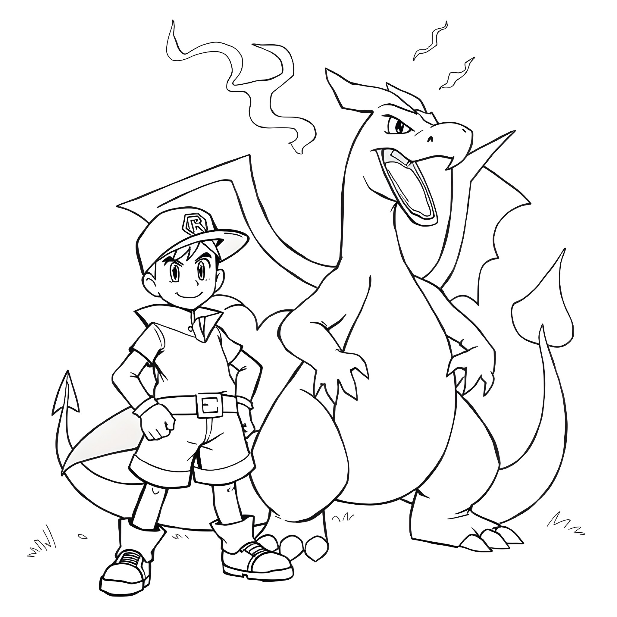 Charizard and Ash enjoying an adventure together Coloring Page (free black-and-white line drawing printable PDF for all, from beginners to advanced learners, including children, teens, adults, and seniors)