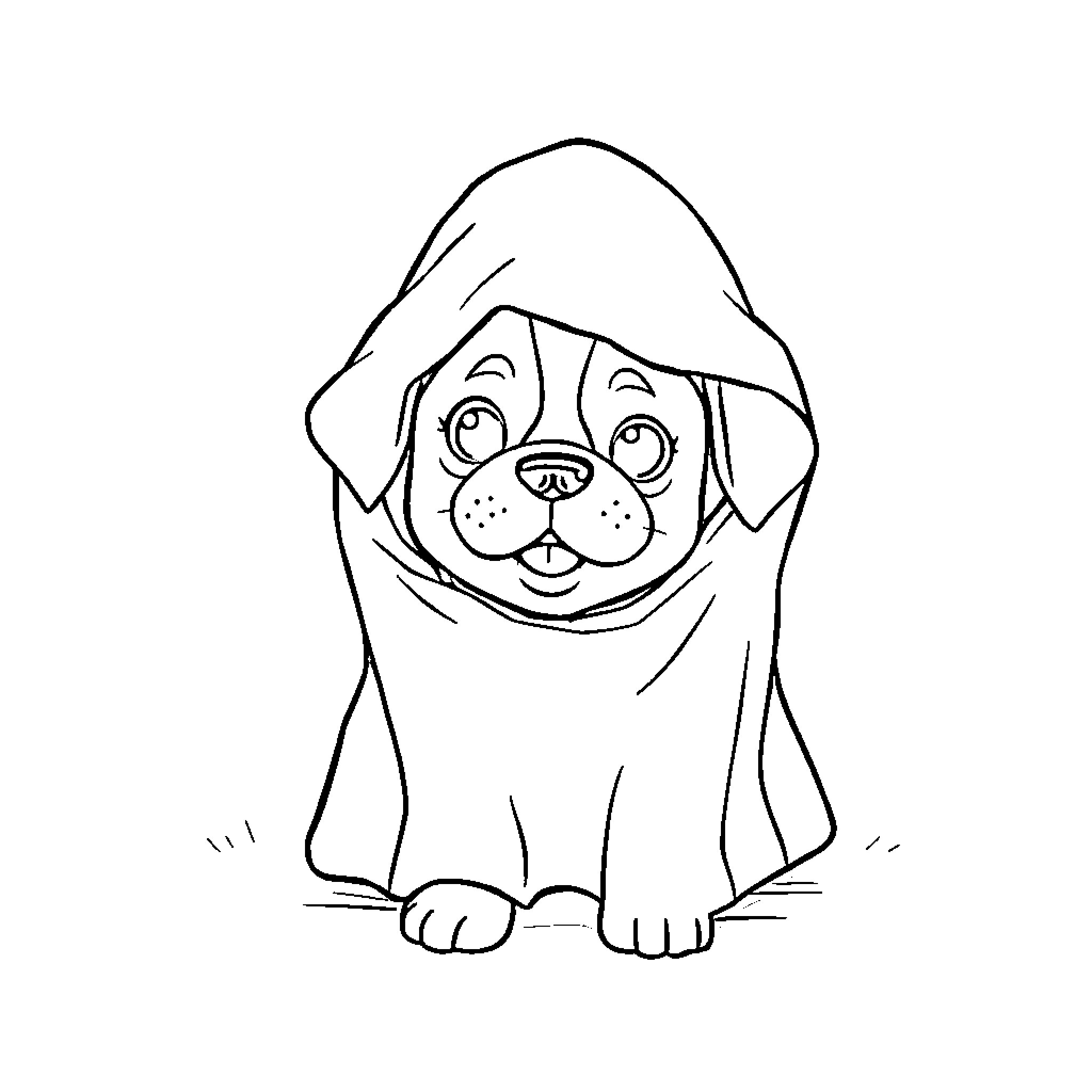 Dog wearing a hood Coloring Page (free black-and-white line drawing printable PDF for all, from beginners to advanced learners, including children, teens, adults, and seniors)