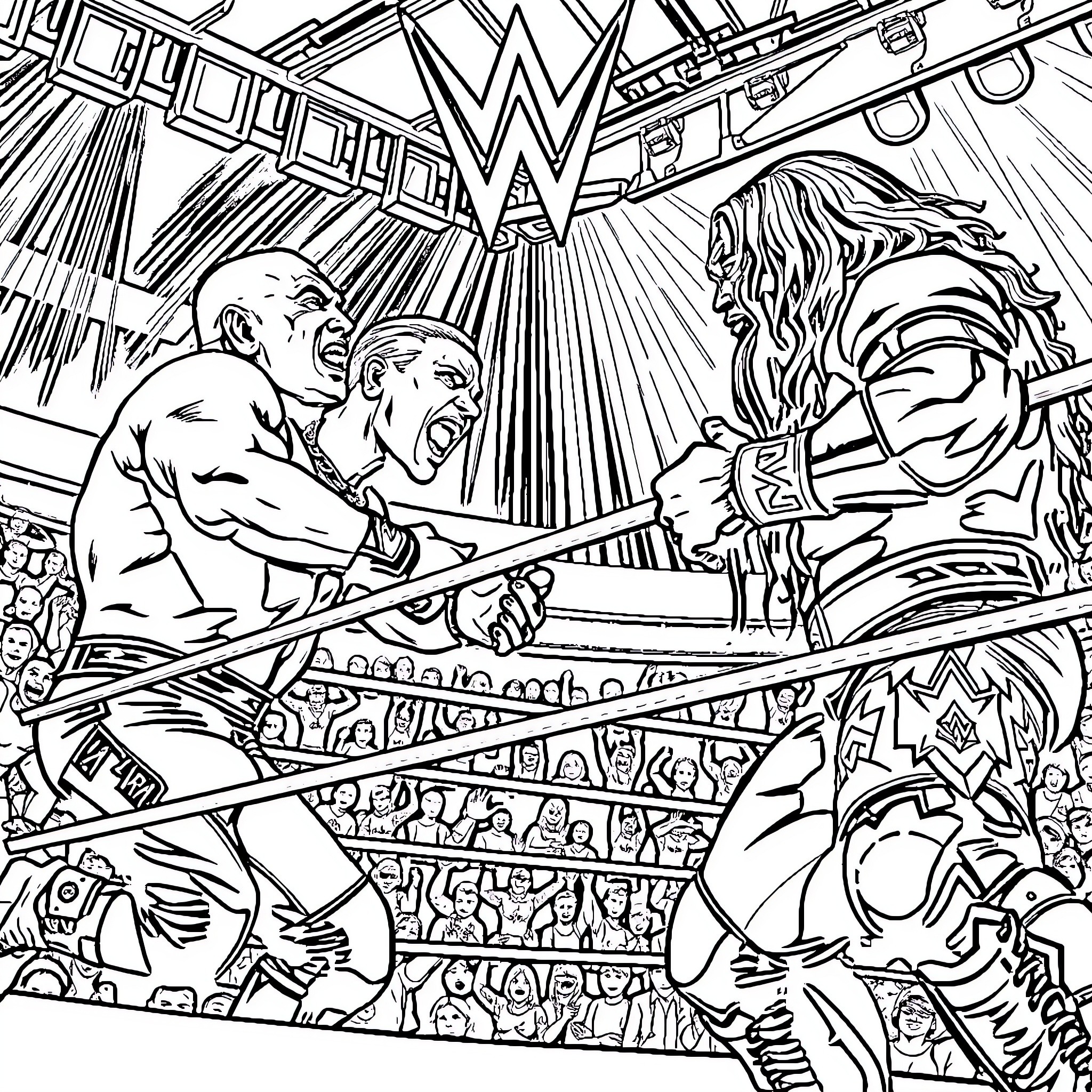 WWE Dramatic Wrestling Match Showdown Coloring Page (free black-and-white line drawing printable PDF for all, from beginners to advanced learners, including children, teens, adults, and seniors)