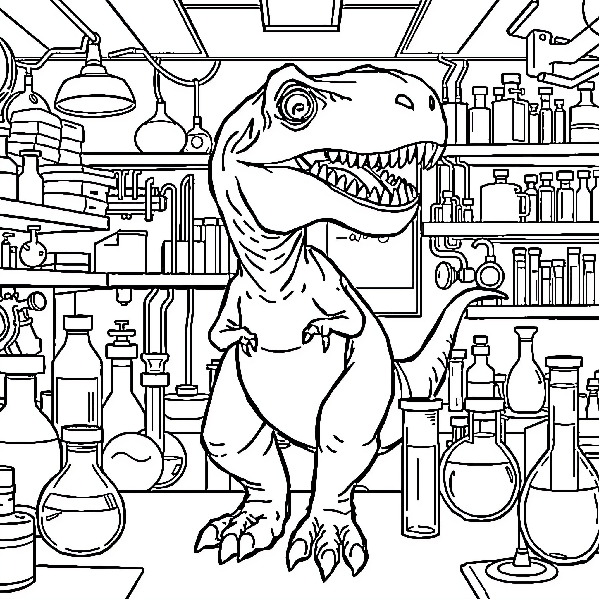 D-rex exploring the science lab Coloring Page (free black-and-white line drawing printable PDF for all, from beginners to advanced learners, including children, teens, adults, and seniors)