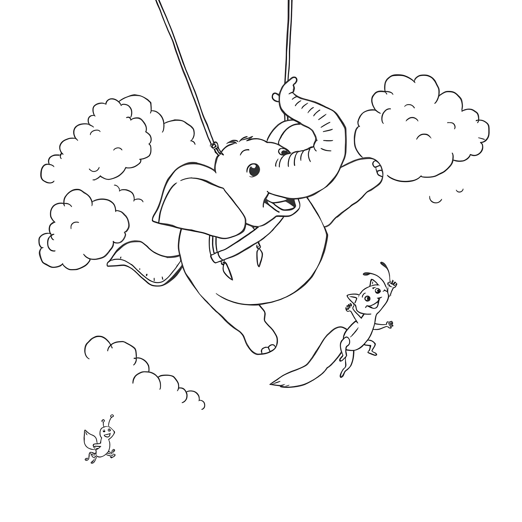 Elephant swinging high with small animal friends Coloring Page (free black-and-white line drawing printable PDF for all, from beginners to advanced learners, including children, teens, adults, and seniors)