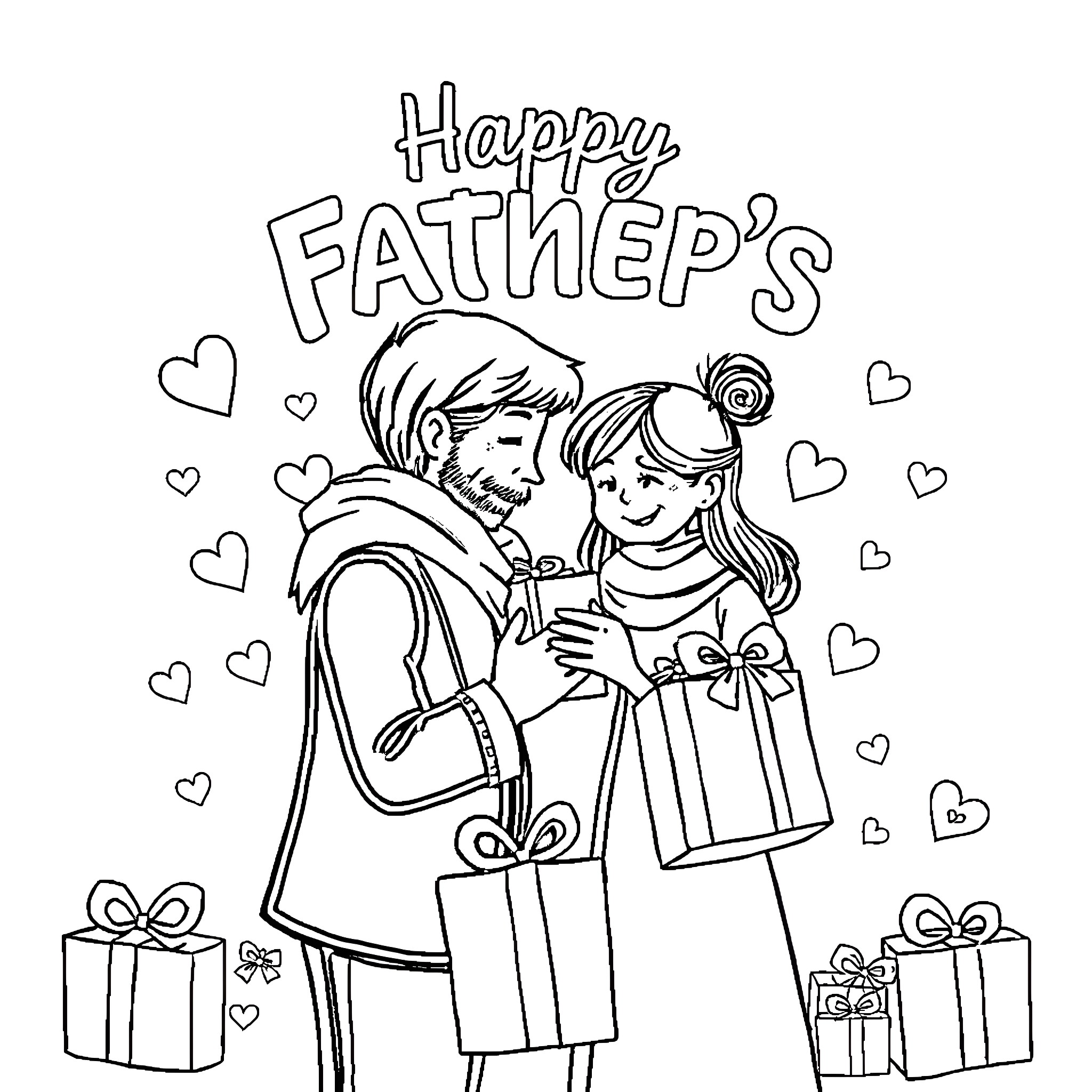 Father embracing child with gift boxes Coloring Page (free black-and-white line drawing printable PDF for all, from beginners to advanced learners, including children, teens, adults, and seniors)