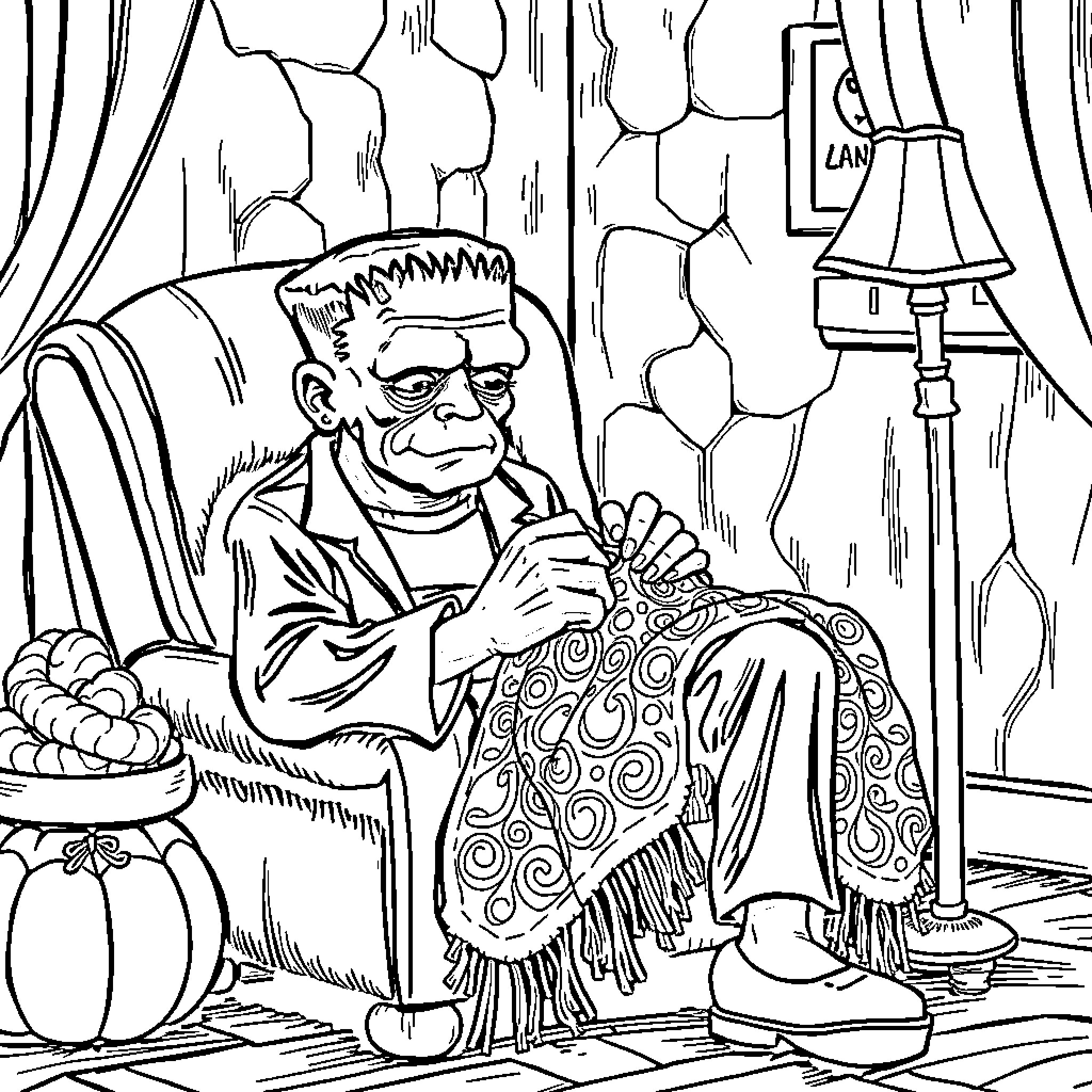 Frankenstein's Creature Sitting Pensively by the Fireplace Coloring Page (free black-and-white line drawing printable PDF for all, from beginners to advanced learners, including children, teens, adults, and seniors)