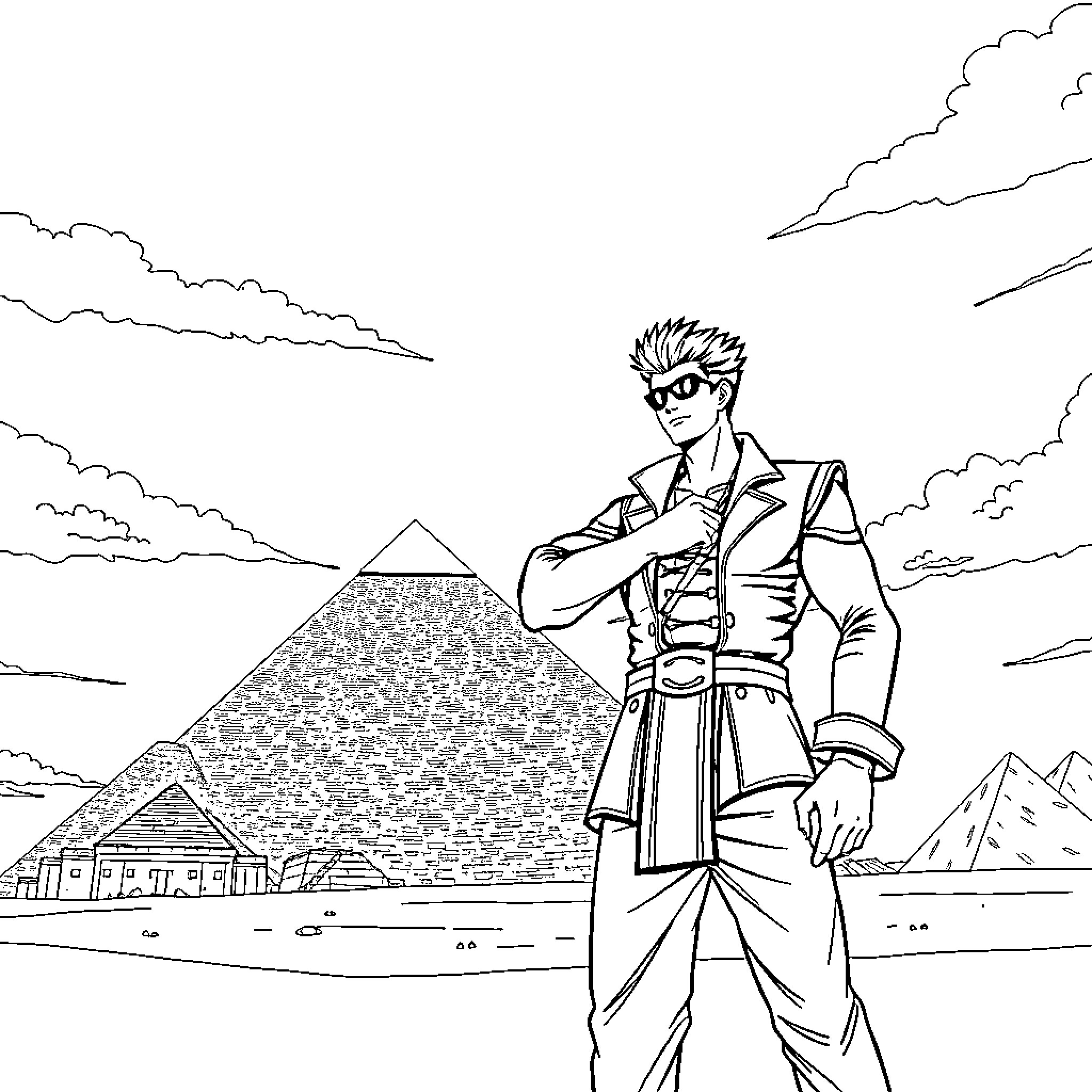 Jotaro Kujo stands resolute before the Egyptian pyramids Coloring Page (free black-and-white line drawing printable PDF for all, from beginners to advanced learners, including children, teens, adults, and seniors)