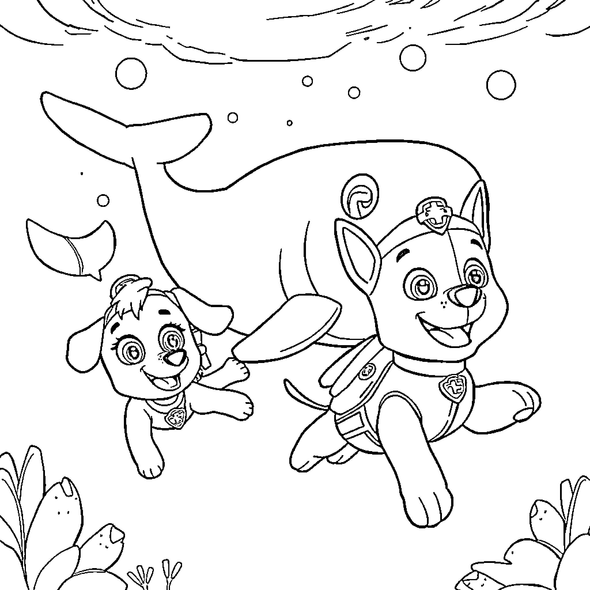 Paw Patrol characters swimming in the ocean Coloring Page (free black-and-white line drawing printable PDF for all, from beginners to advanced learners, including children, teens, adults, and seniors)
