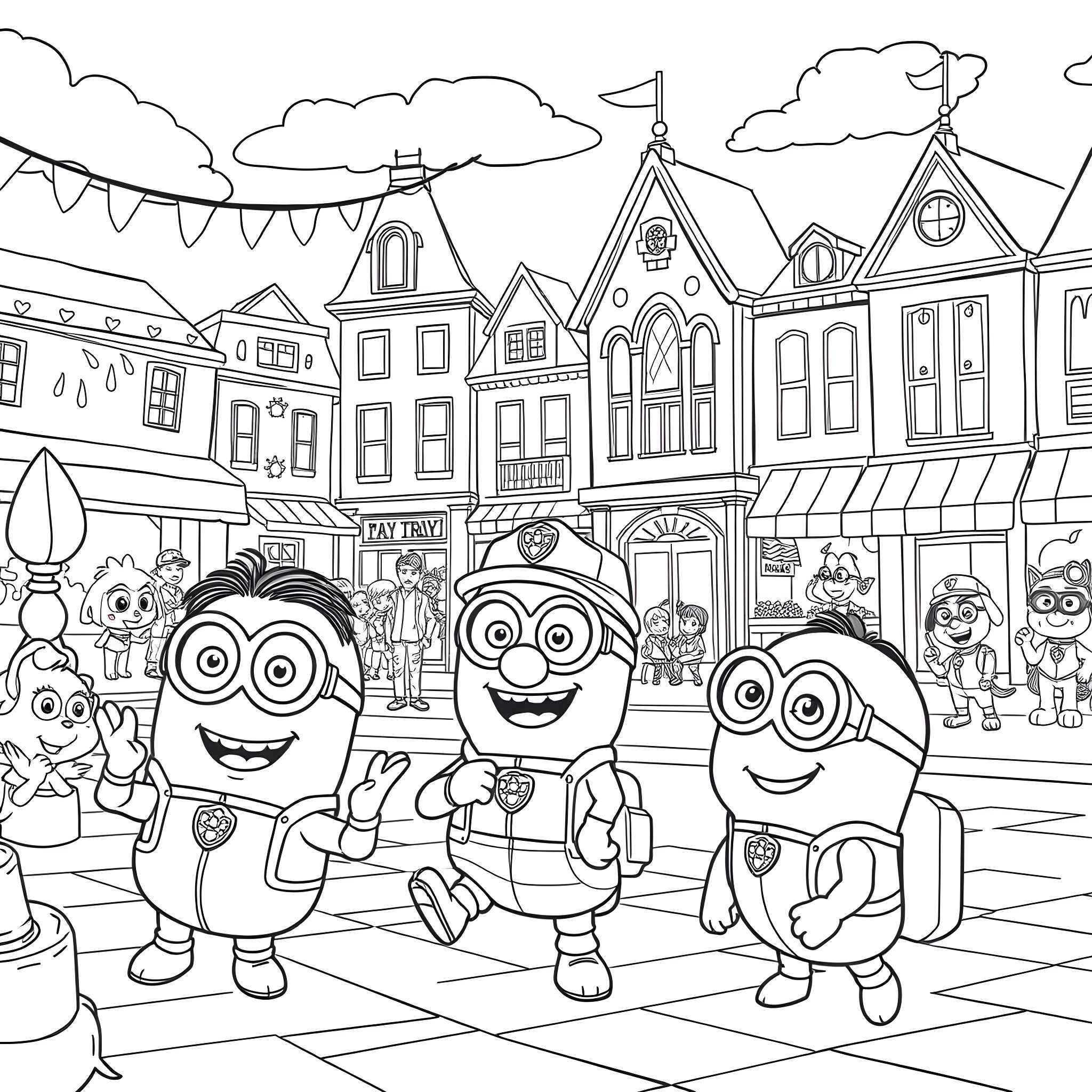 Minions enjoying a festive street celebration Coloring Page (free black-and-white line drawing printable PDF for all, from beginners to advanced learners, including children, teens, adults, and seniors)