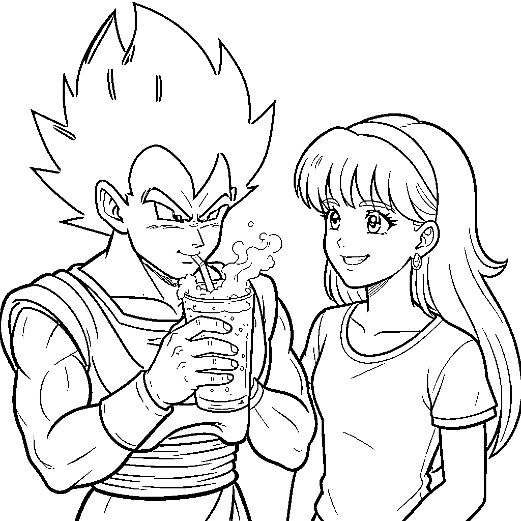 Vegeta drinking a beverage while standing with a girl Coloring Page (free black-and-white line drawing printable PDF for all, from beginners to advanced learners, including children, teens, adults, and seniors)