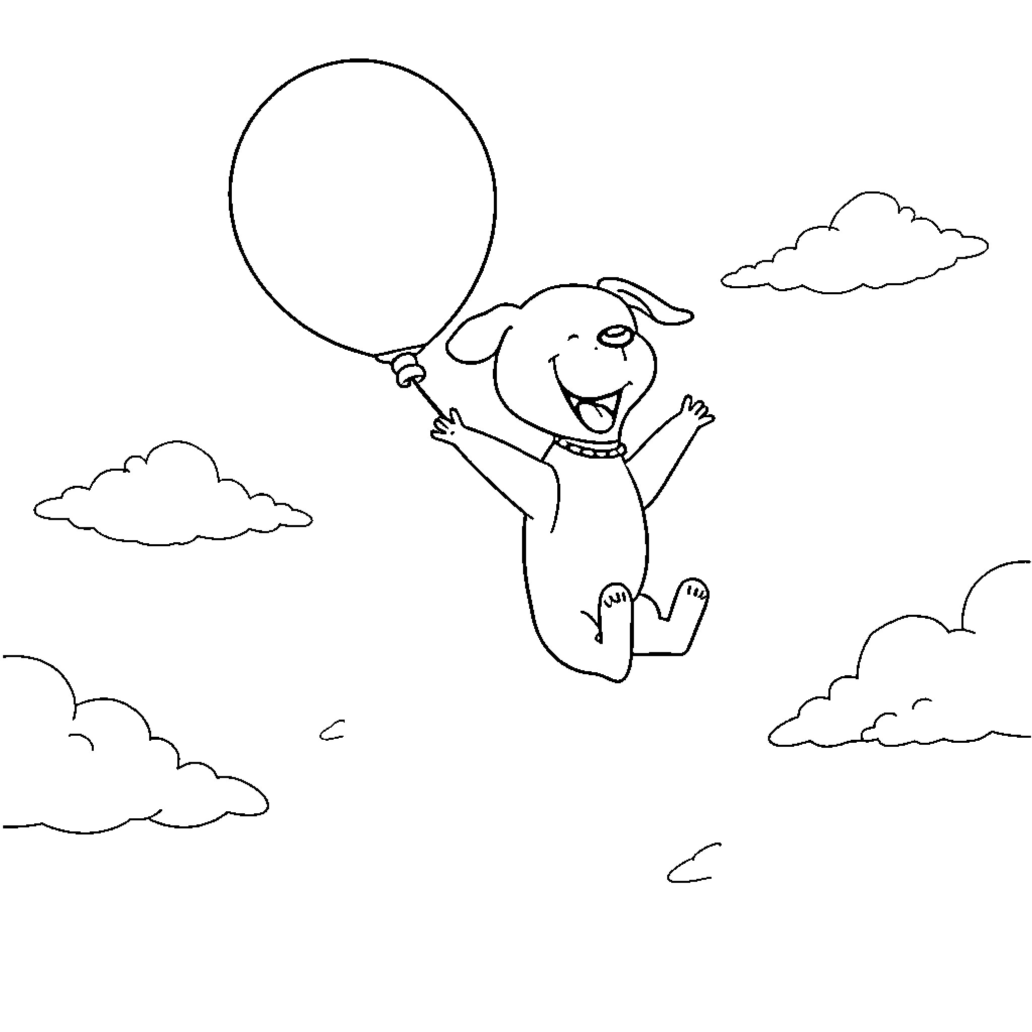 Dog happily playing with balloon in the sky Coloring Page (free black-and-white line drawing printable PDF for all, from beginners to advanced learners, including children, teens, adults, and seniors)