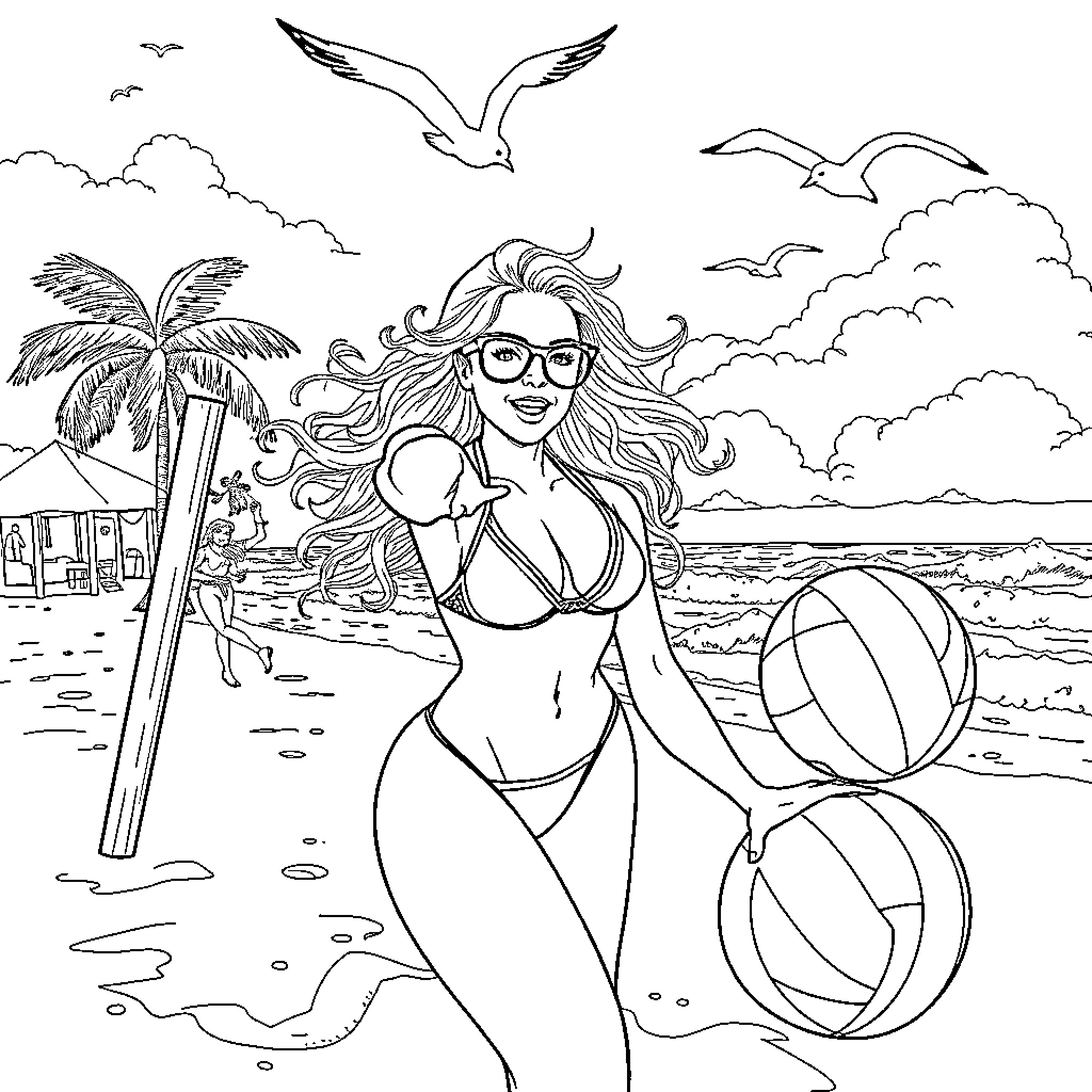 Pamela Anderson enjoying a sunny day at the beach Coloring Page (free black-and-white line drawing printable PDF for all, from beginners to advanced learners, including children, teens, adults, and seniors)