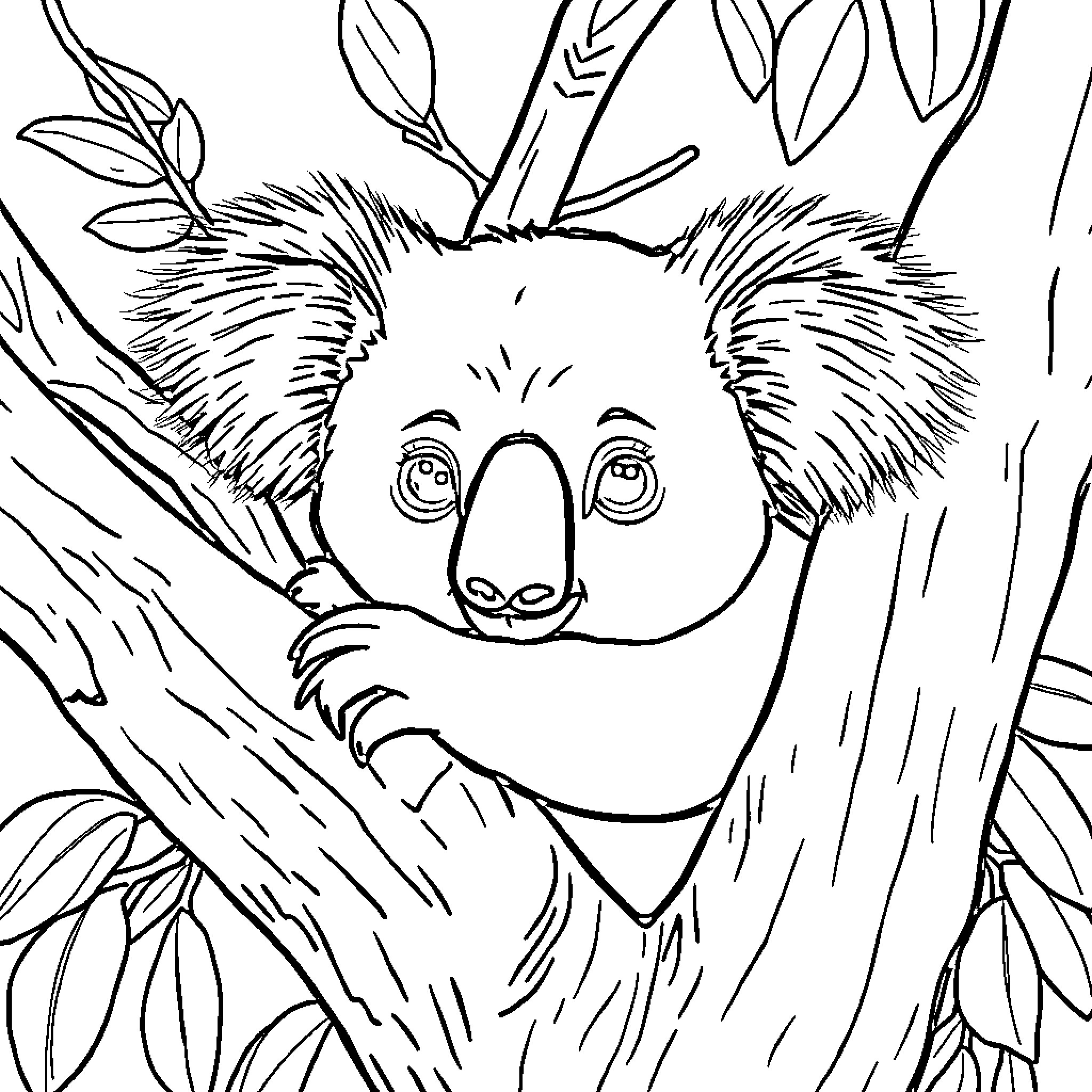 Koala resting peacefully in the forest Coloring Page (free black-and-white line drawing printable PDF for all, from beginners to advanced learners, including children, teens, adults, and seniors)