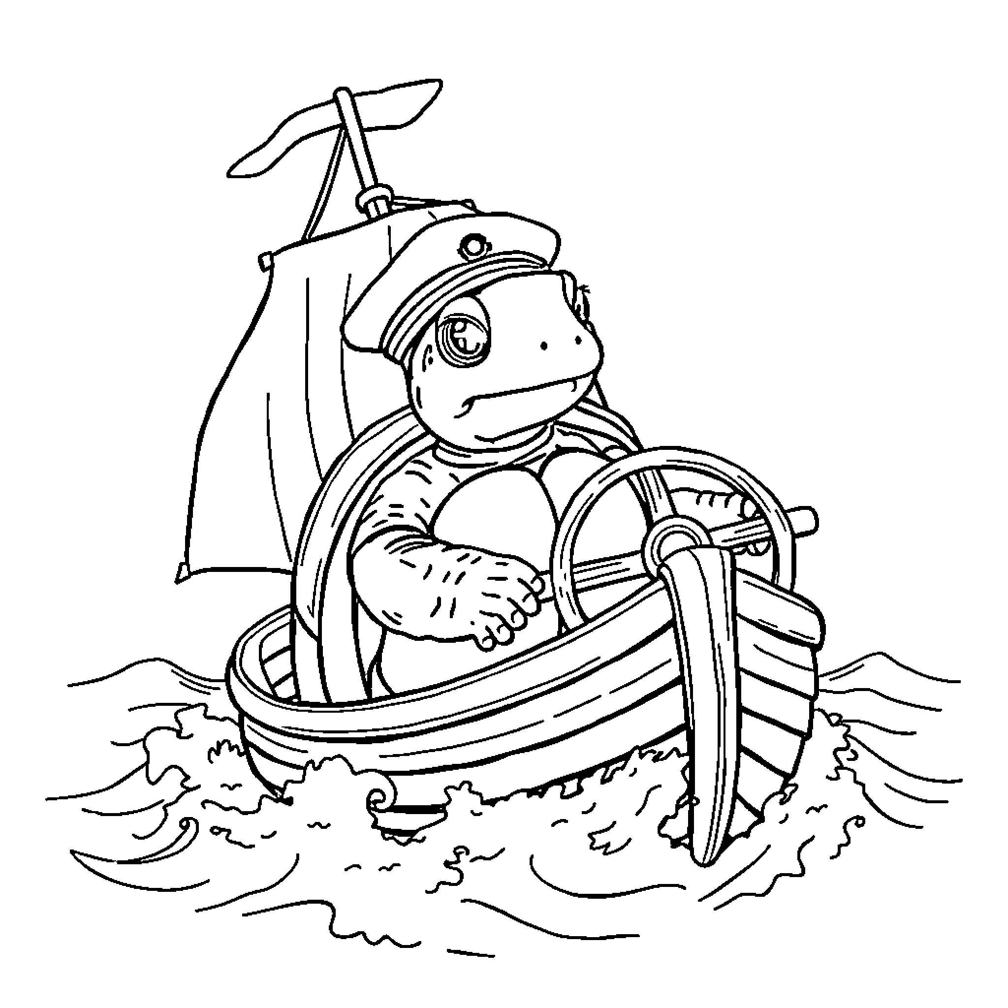 Tortoise Sailing Boat on Waves Coloring Page (free black-and-white line drawing printable PDF for all, from beginners to advanced learners, including children, teens, adults, and seniors)