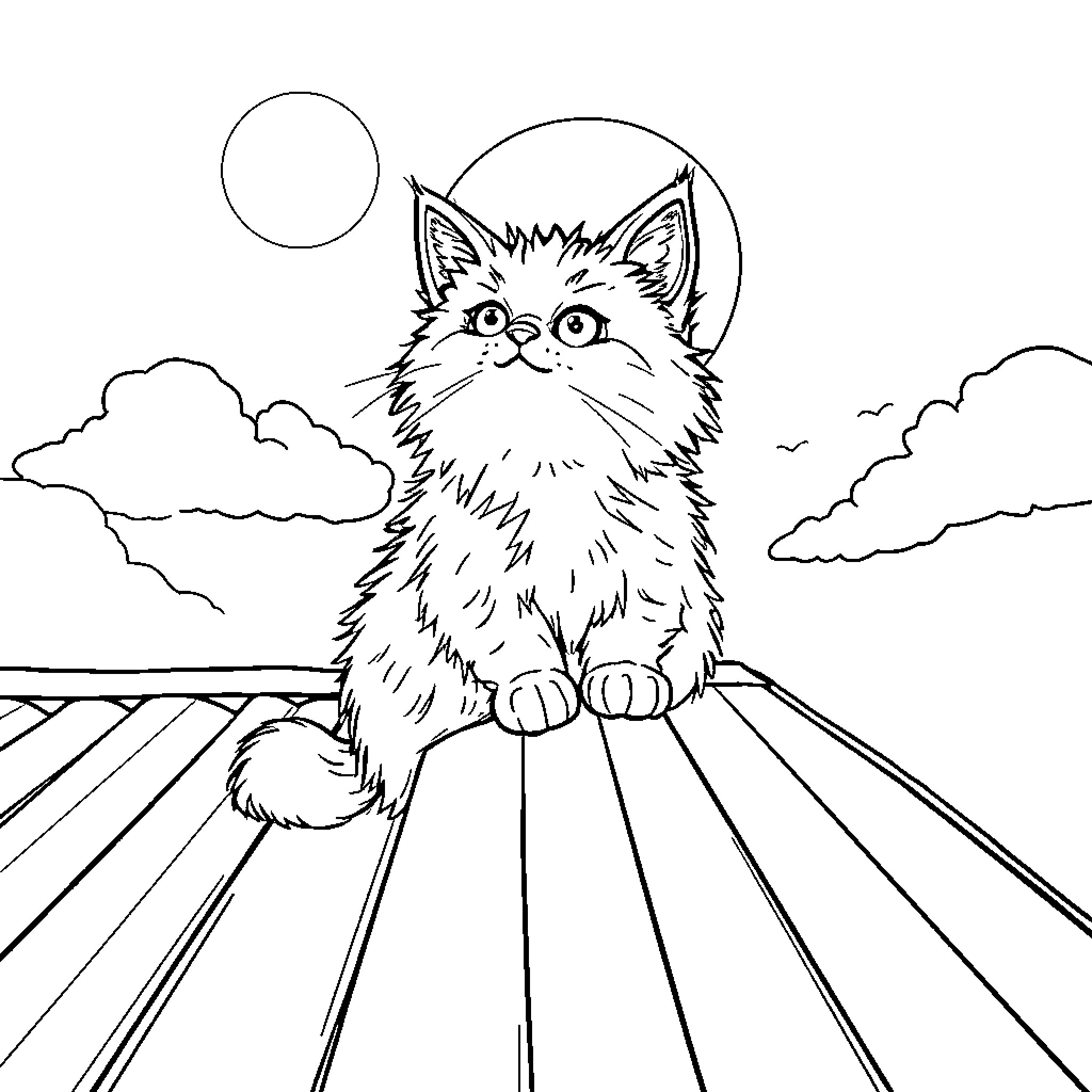 Cat relaxing on wooden planks at sunset Coloring Page (free black-and-white line drawing printable PDF for all, from beginners to advanced learners, including children, teens, adults, and seniors)