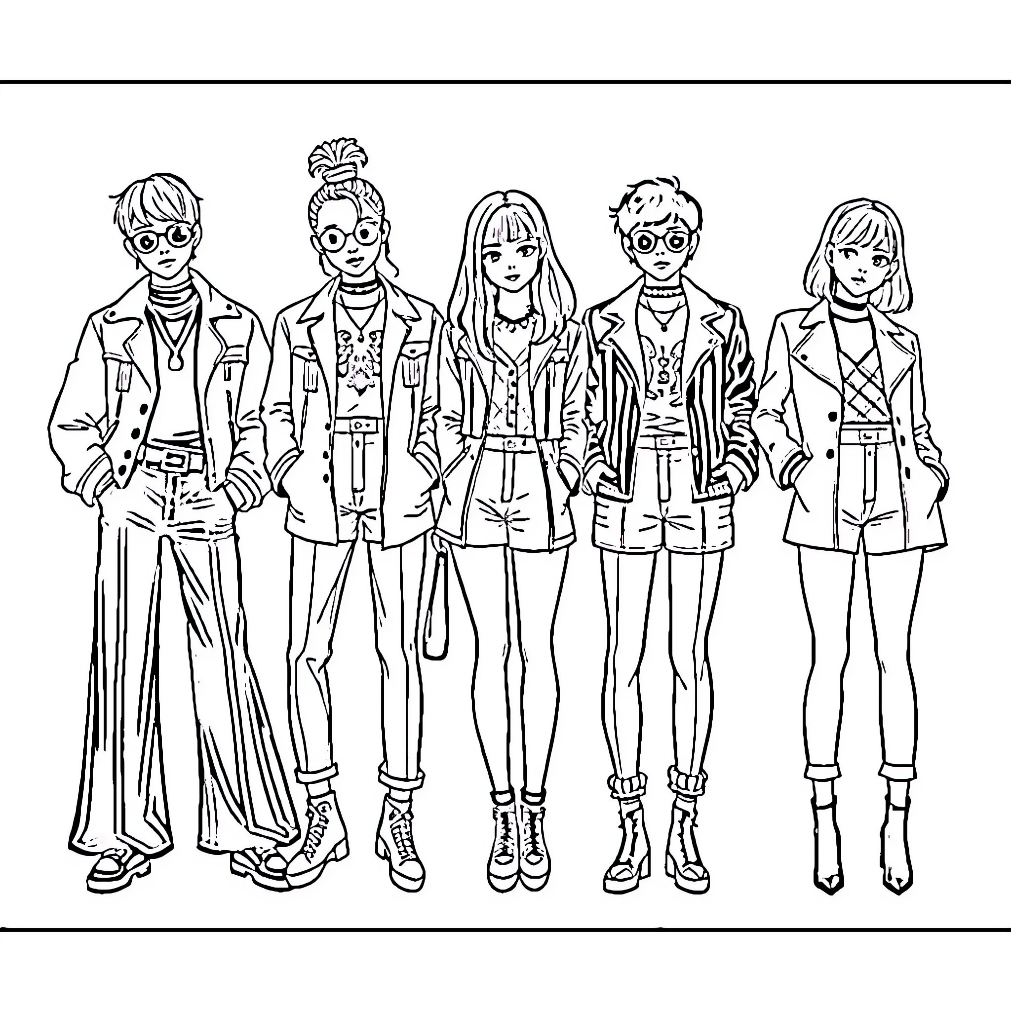 K Pop Group Poses in Stylish Outfits Coloring Page (free black-and-white line drawing printable PDF for all, from beginners to advanced learners, including children, teens, adults, and seniors)