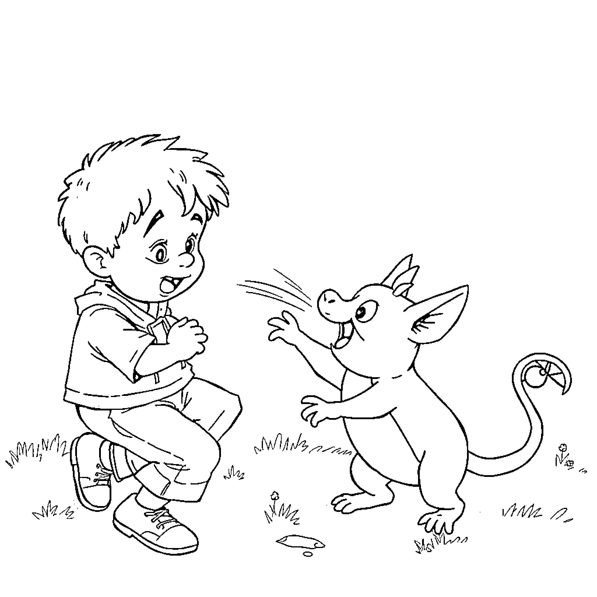 Boy interacting playfully with animated creature Coloring Page (free black-and-white line drawing printable PDF for all, from beginners to advanced learners, including children, teens, adults, and seniors)